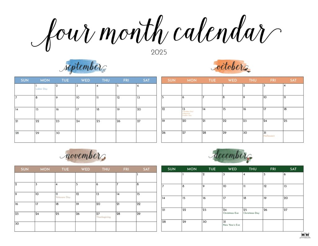 2025 Four Month Calendars - 31 Free Printables | Printabulls throughout Printable Calendar August 2025 To December 2025