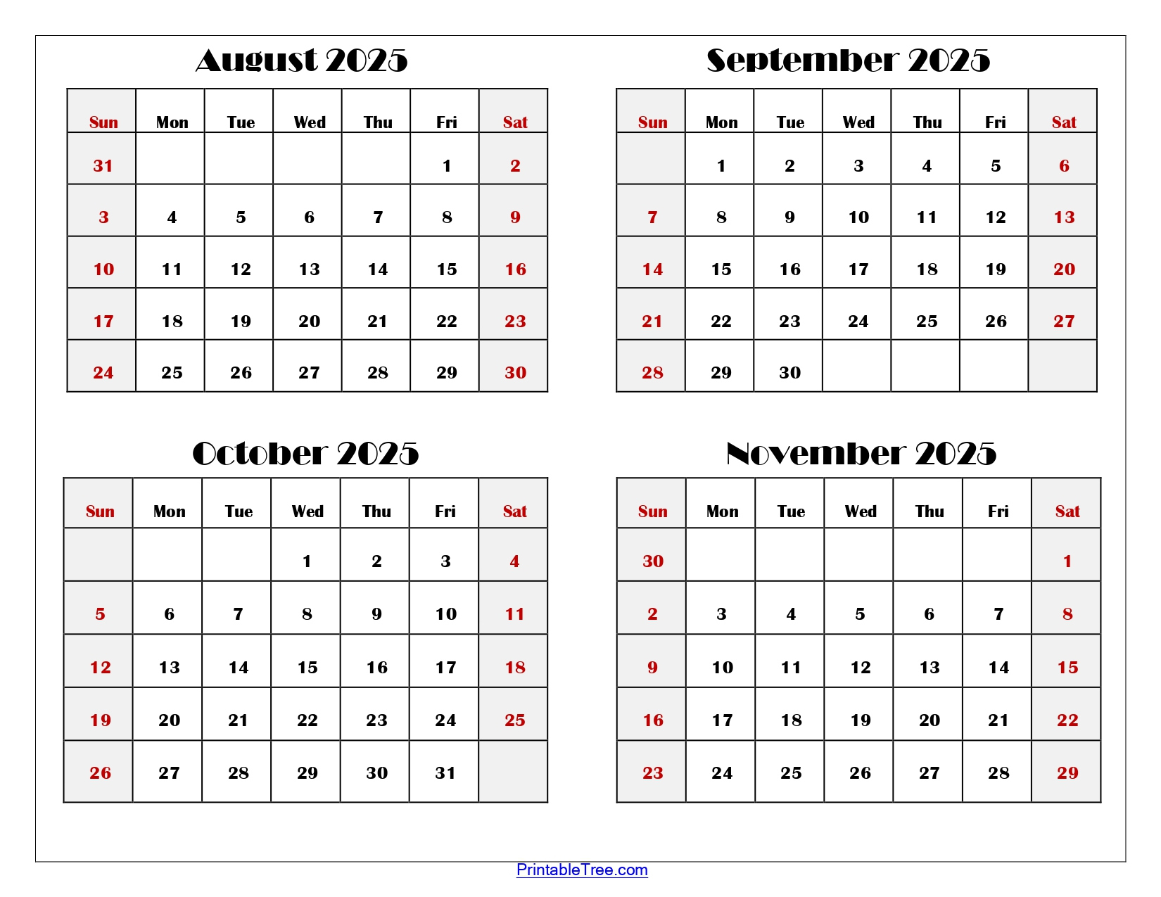 August To November 2025 Calendar Printable Pdf | Four Months Calendar with Printable Calendar August To December 2025