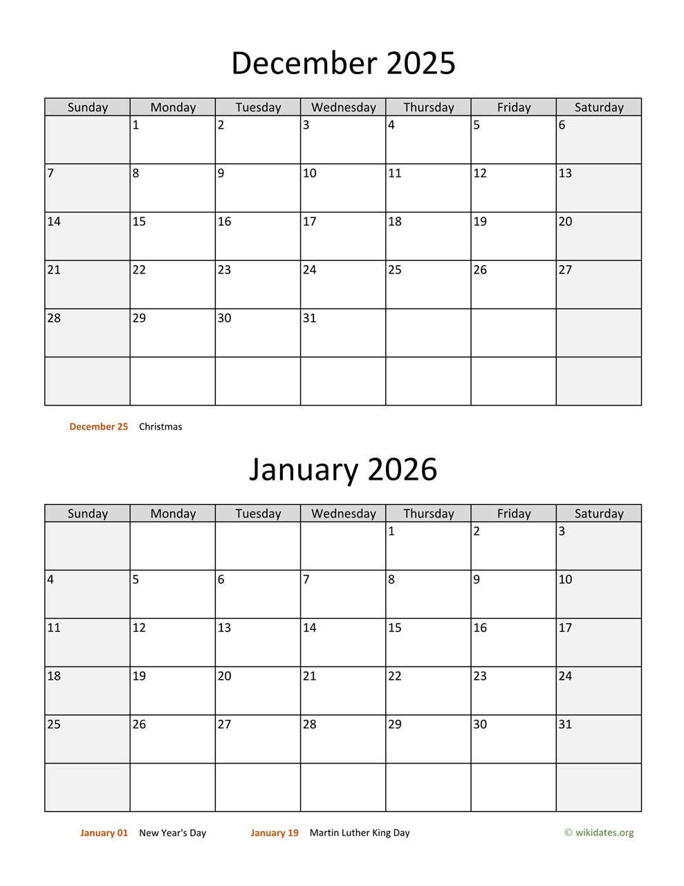 December 2025 And January 2026 Calendar | Wikidates for January to December 2025 Calendar Printable