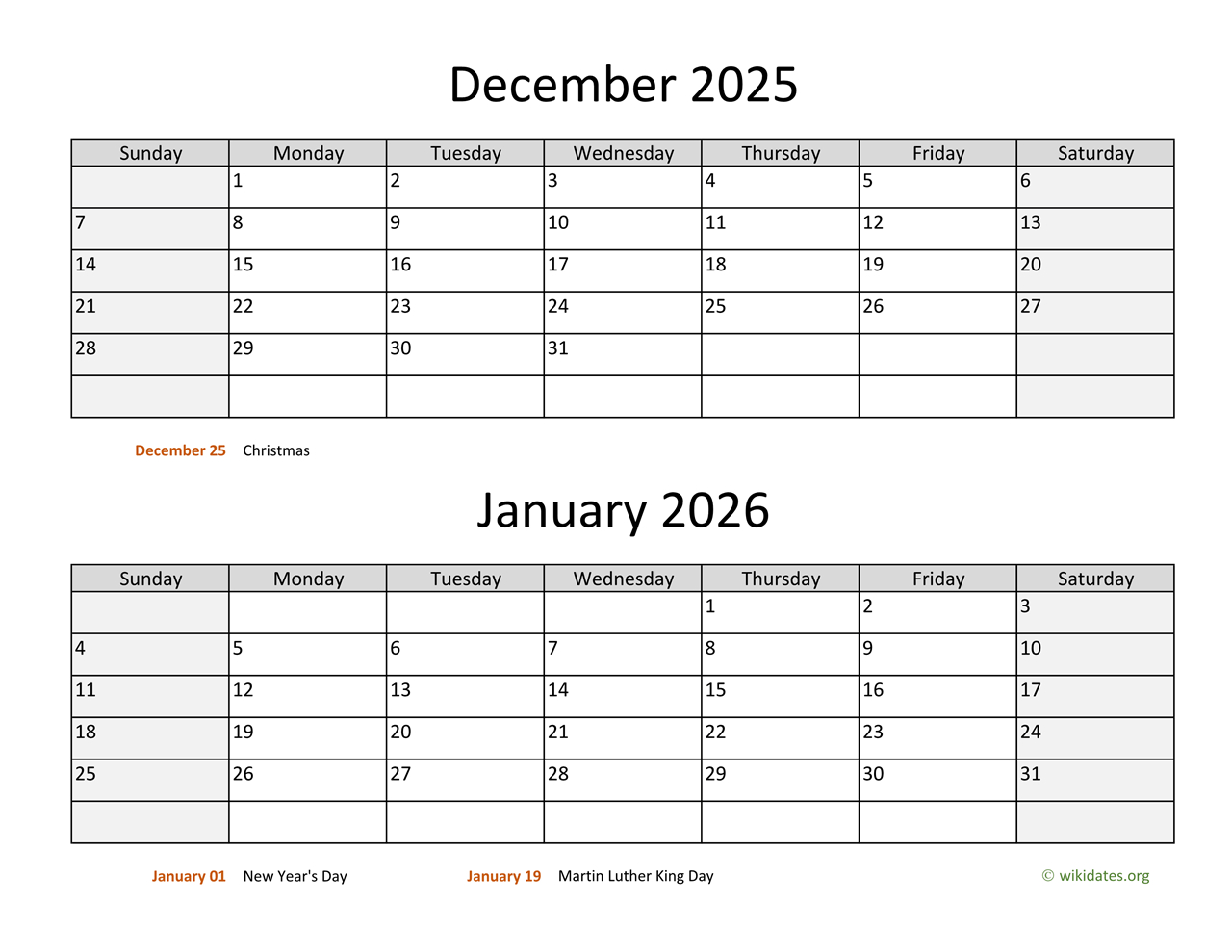 December 2025 And January 2026 Calendar | Wikidates throughout December 2025 And January 2026 Printable Calendar