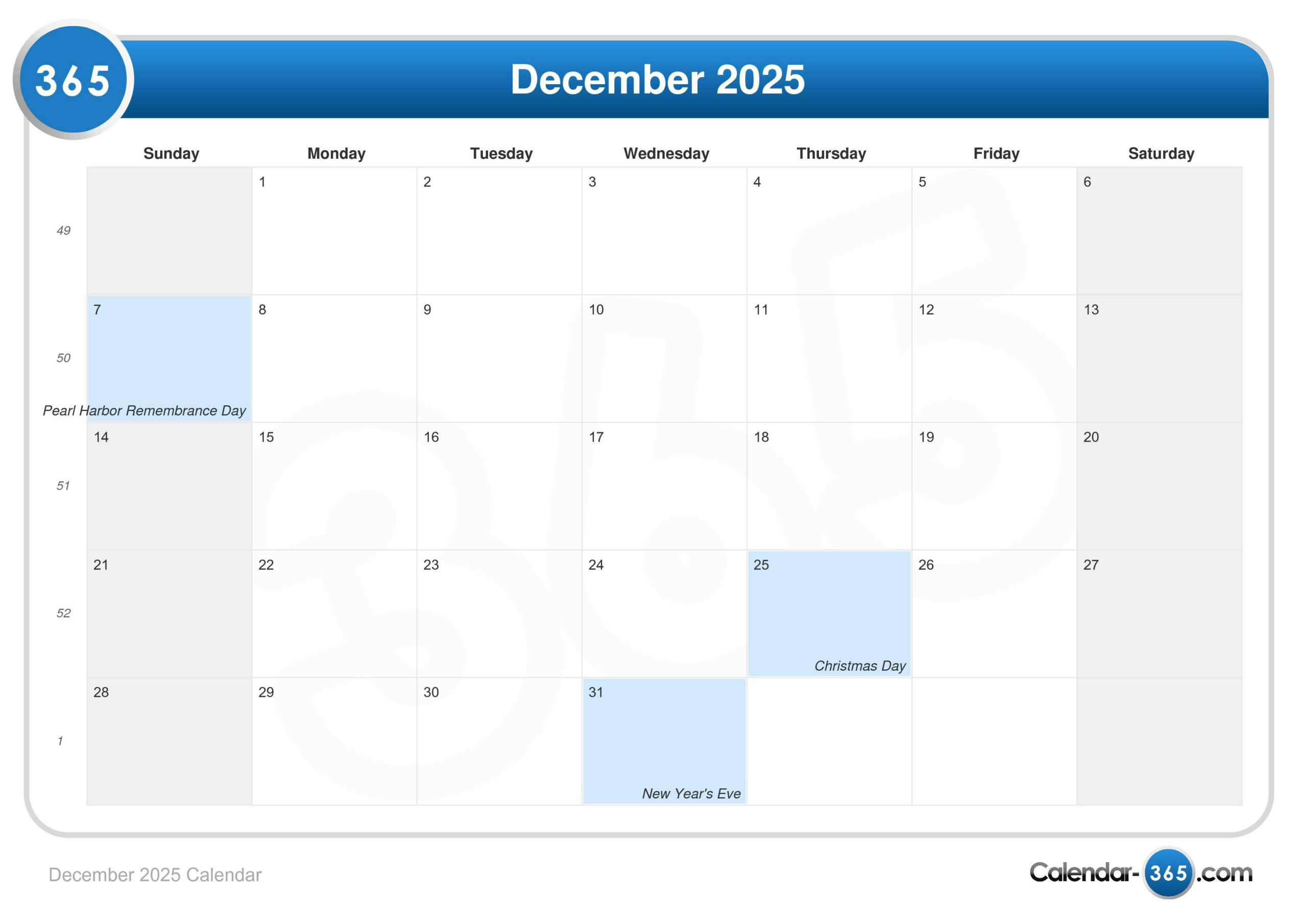 December 2025 Calendar for Calendar December 2025 2008 Printable