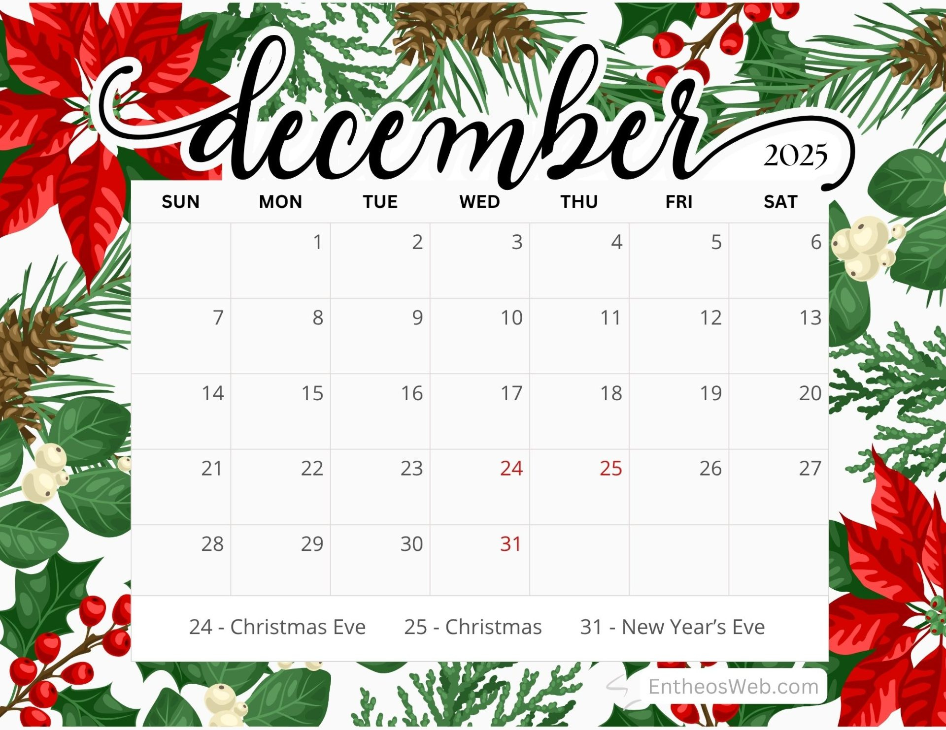 December 2025 Calendar Free Pdf Printables | Entheosweb intended for December 2025 Calendar Printable Free