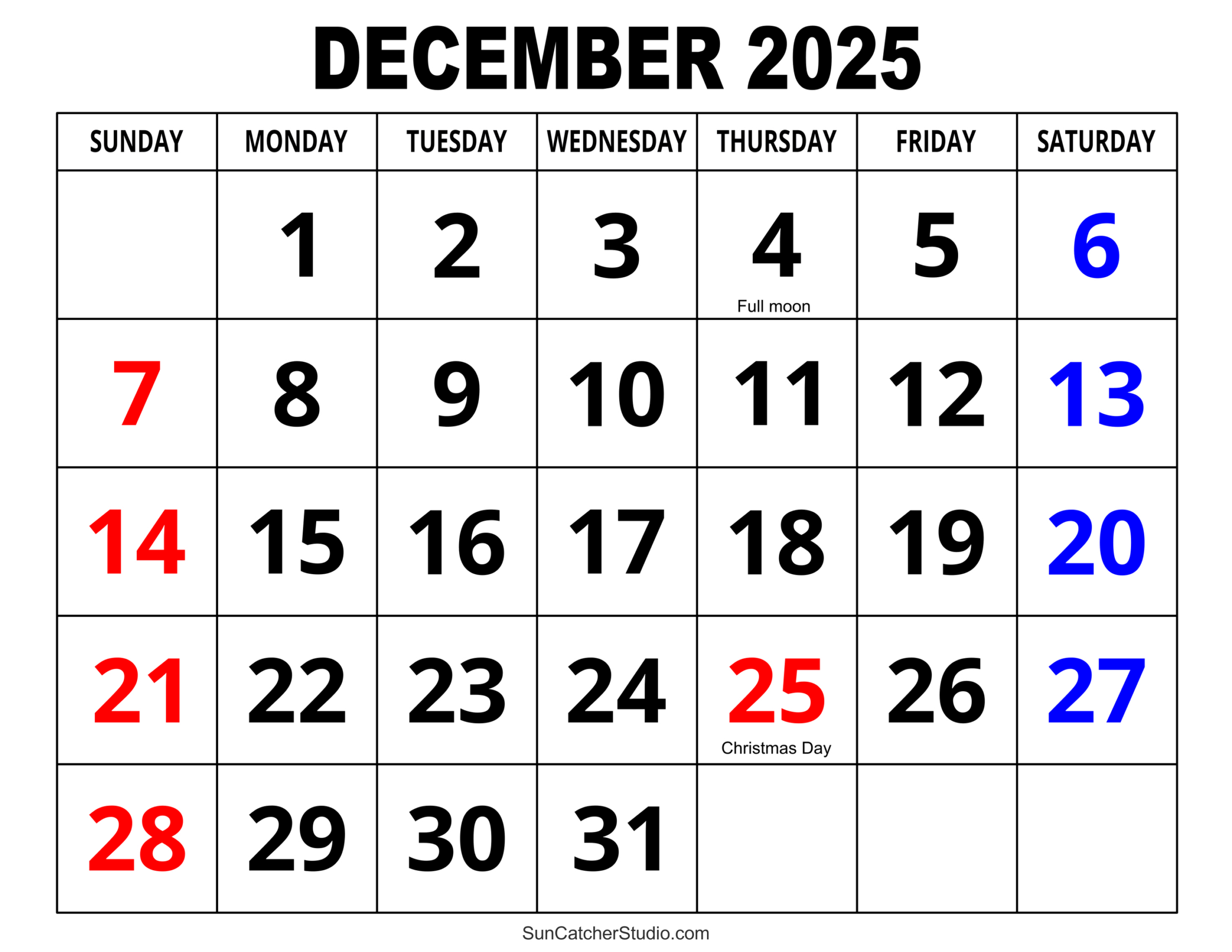 December 2025 Calendar (Free Printable) – Free Printables inside December 2025 Calendar Numbers Printable