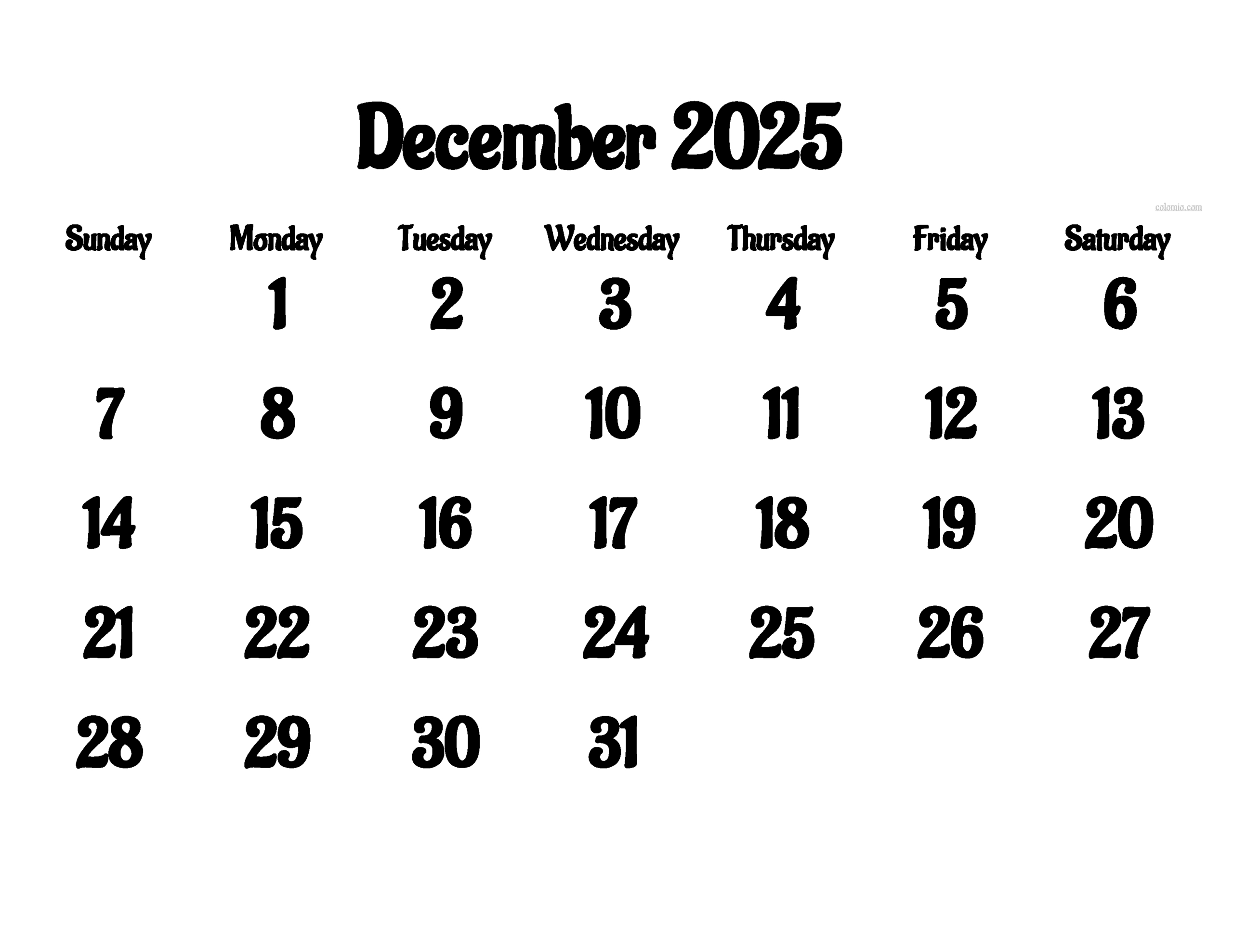 December 2025 Calendar - Free Printable Pdf, Xls And Png | Www regarding December 2025 Calendar Numbers Printable