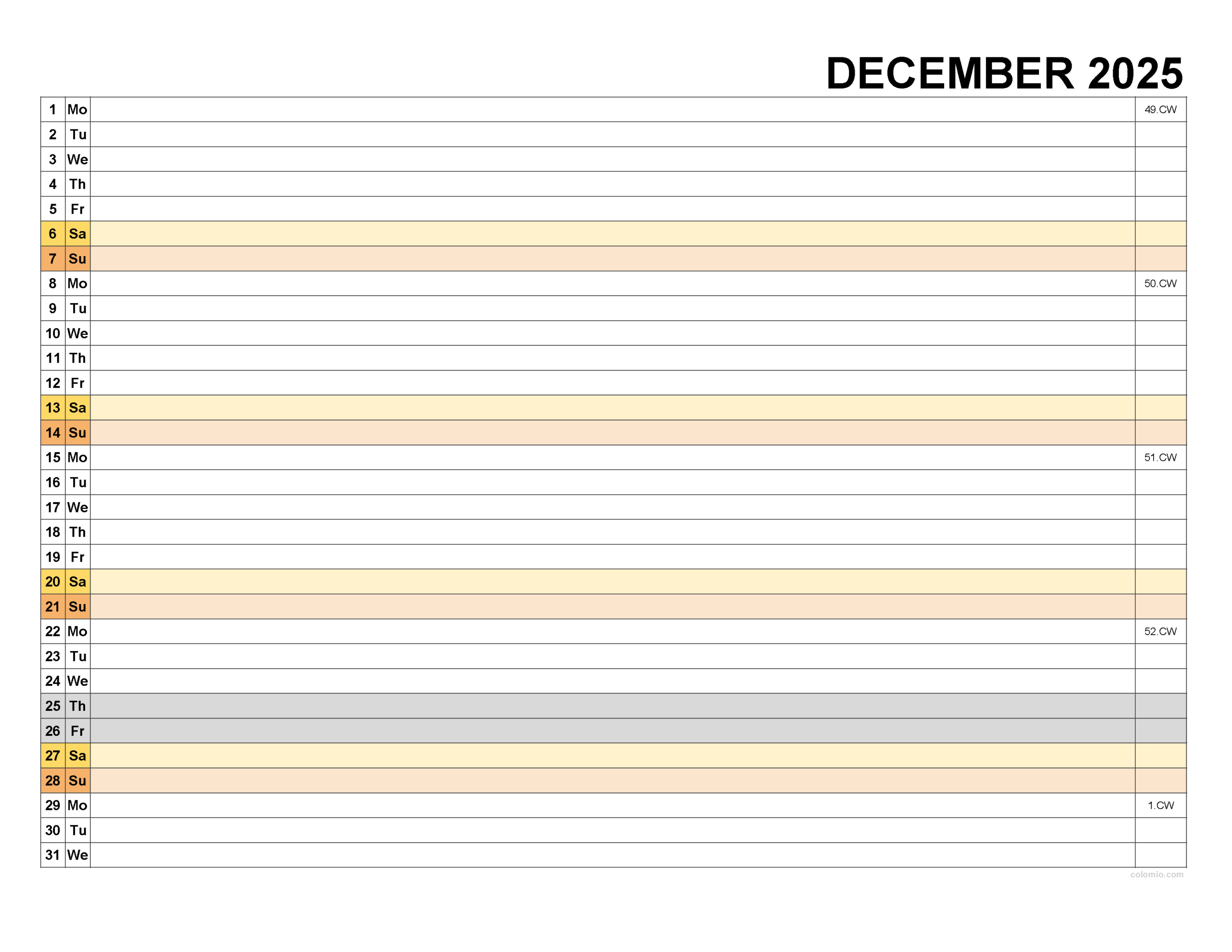 December 2025 Calendar - Free Printable Pdf, Xls And Png | Www with regard to December 2025 Calendar With Lines Printable