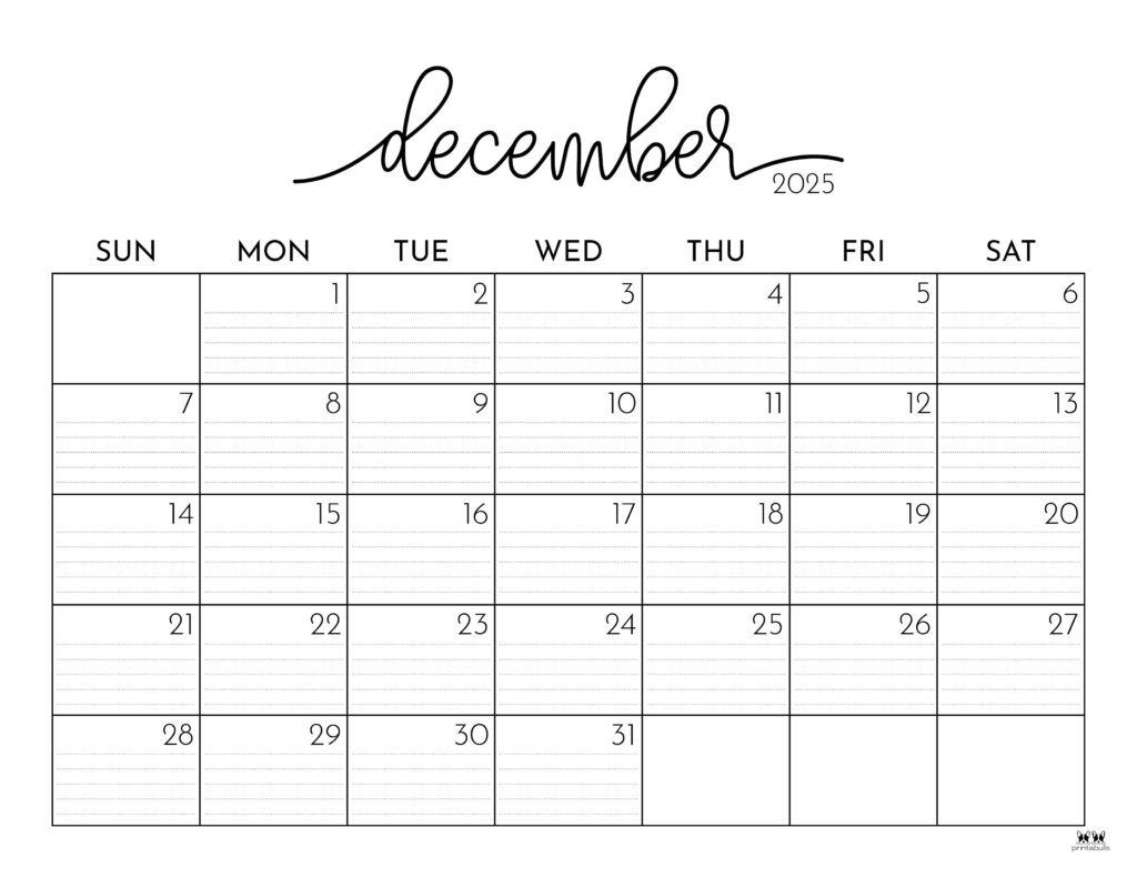 December 2025 Calendars - 107 Free Printables | Printabulls for Printable December 2025 Calendar