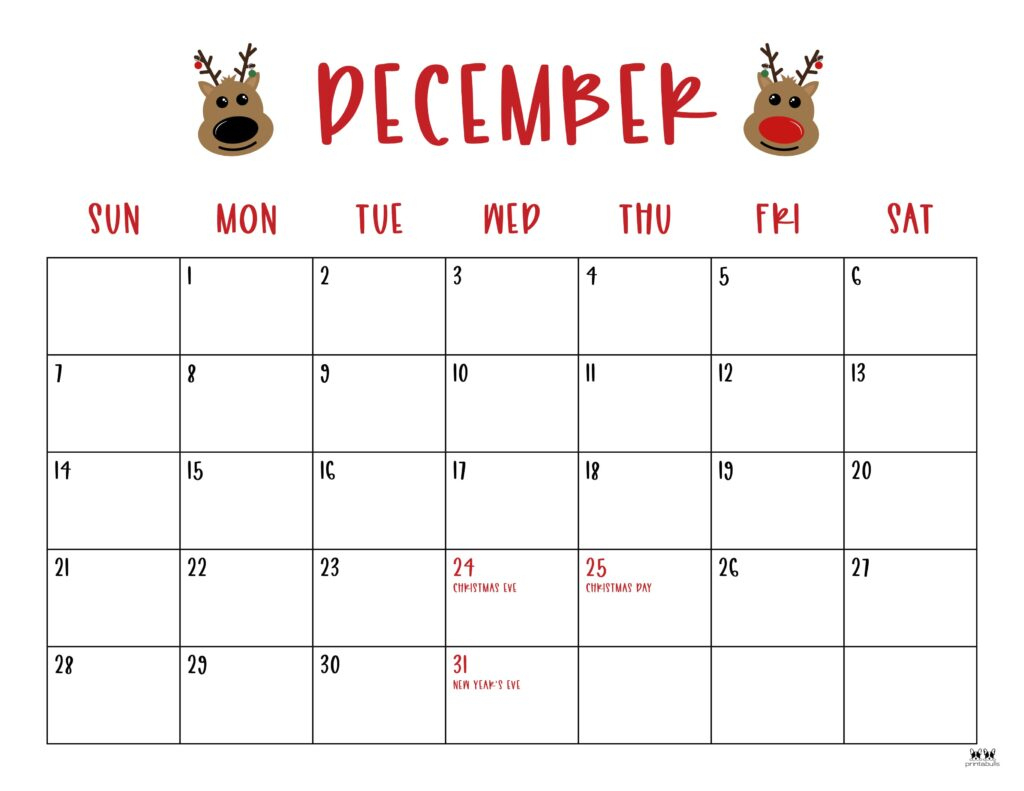 December 2025 Calendars - 107 Free Printables | Printabulls inside Printable December 2025 Calendar Christmas Theme
