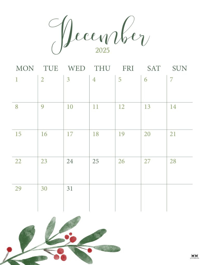 December 2025 Calendars - 107 Free Printables | Printabulls intended for Printable December 2025 Calendar Portrait