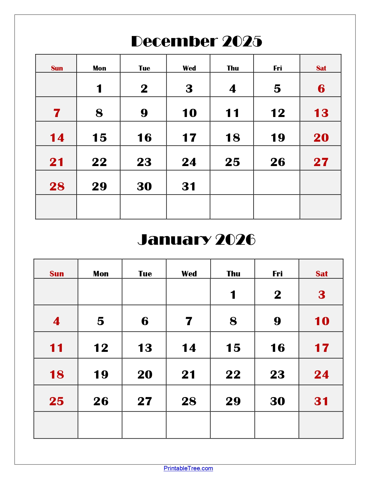 December And January 2026 Calendar Printable Pdf | Two Months Calendar with Printable December 2025 January 2026 Calendar