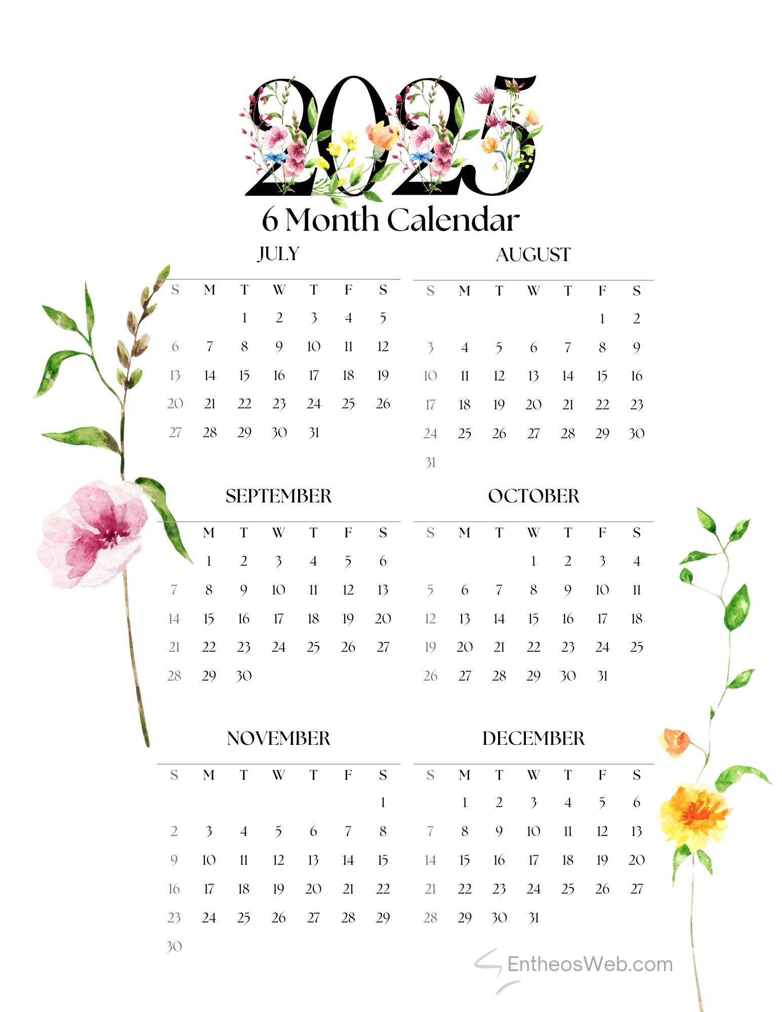 July To December 2025 – 6 Month Calendar Printable | Entheosweb intended for July to December 2025 Calendar Printable