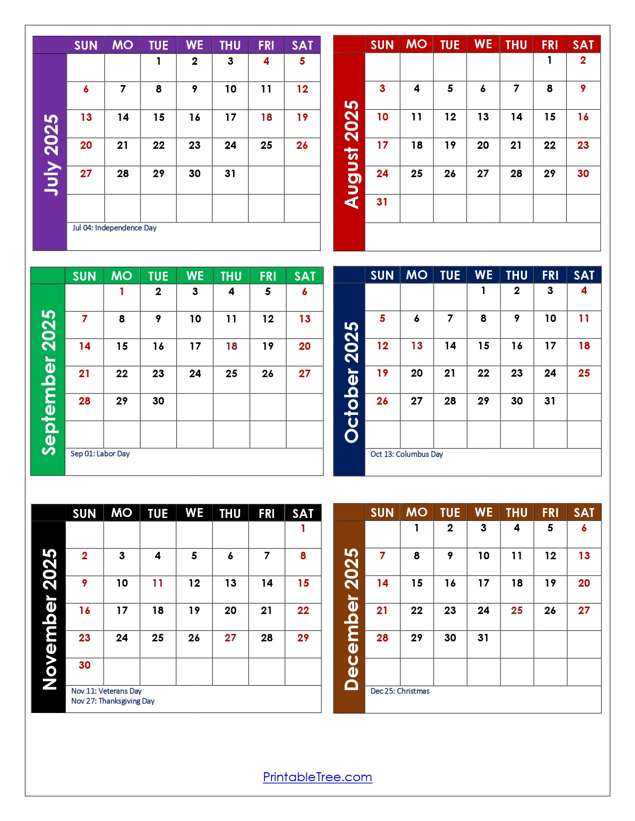 July To December 2025 Calendar Printable Pdf | Six Months Calendar intended for Printable Calendar July to December 2025