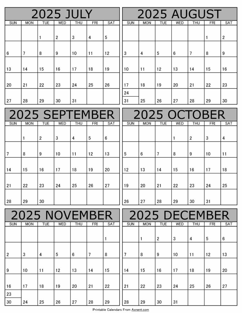 July To December 2025 Calendar Templates - Six Months in Printable Calendar July to December 2025