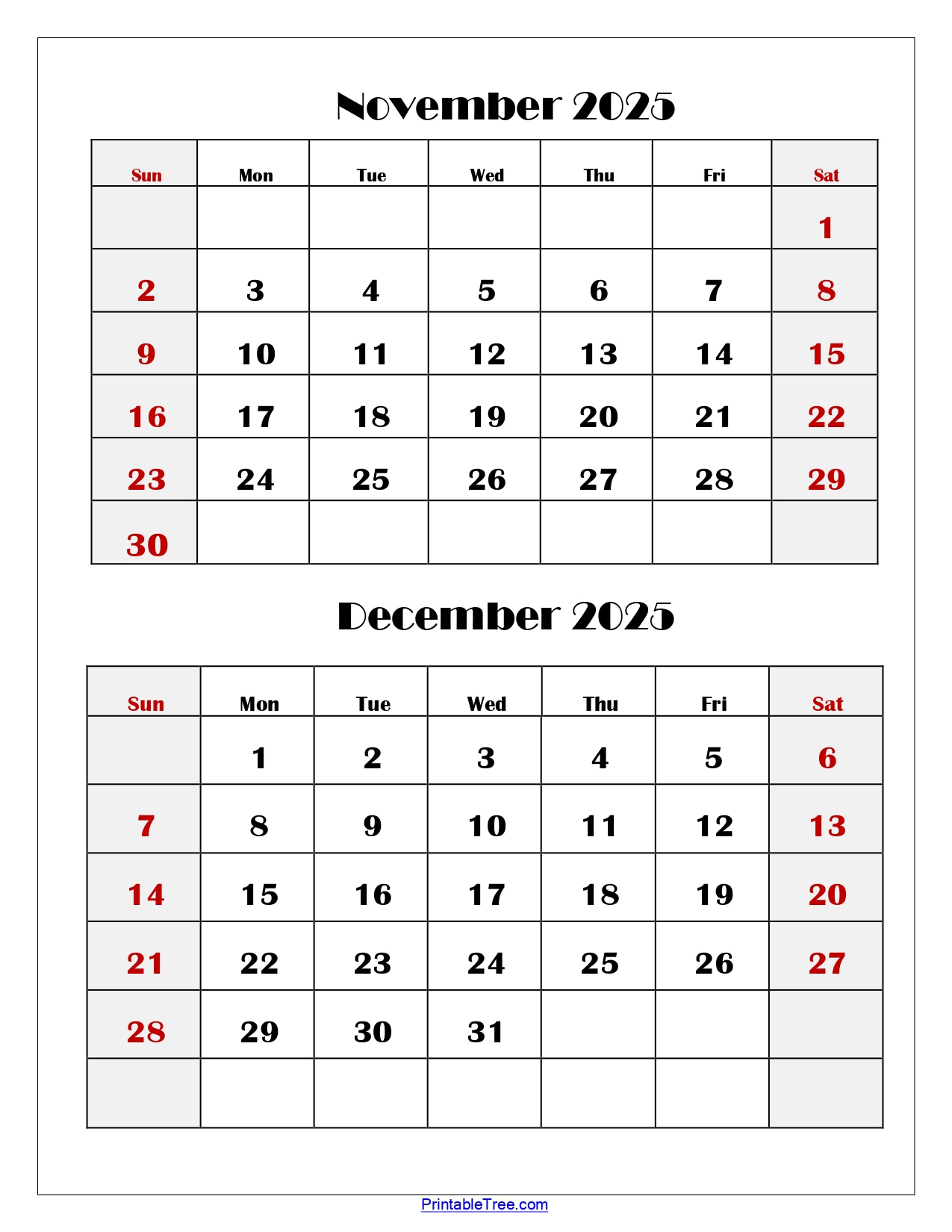 November And December 2025 Calendar Printable Pdf | Two Months throughout Printable Calendar November and December 2025