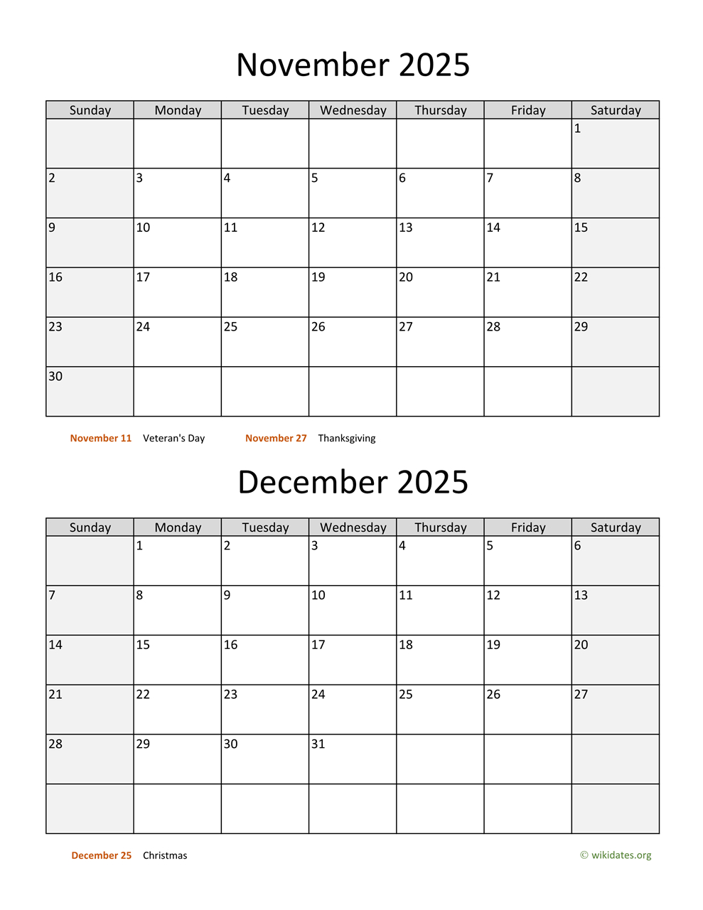 November And December 2025 Calendar | Wikidates for Printable Calendar For November And December 2025