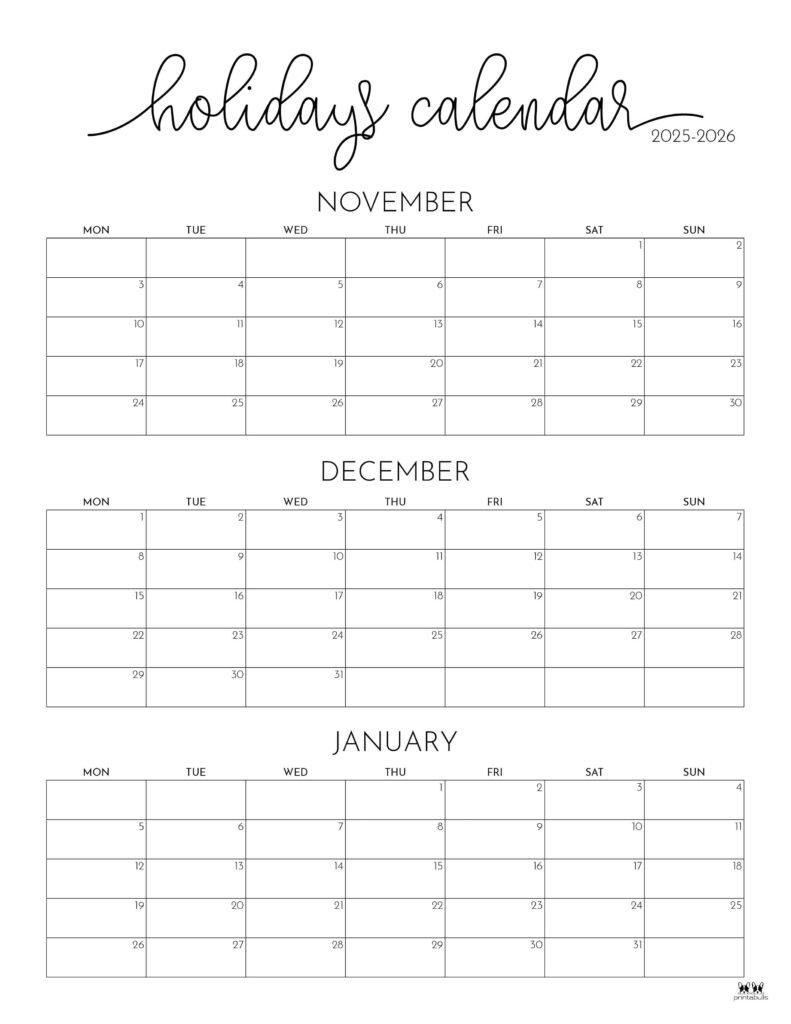 November December 2025 Calendars - 28 Printables | Printabulls intended for November December 2025 January Printable Calendar