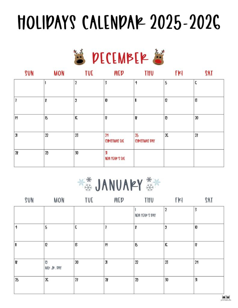 November December 2025 Calendars - 28 Printables | Printabulls within Printable December 2025 January Calendar