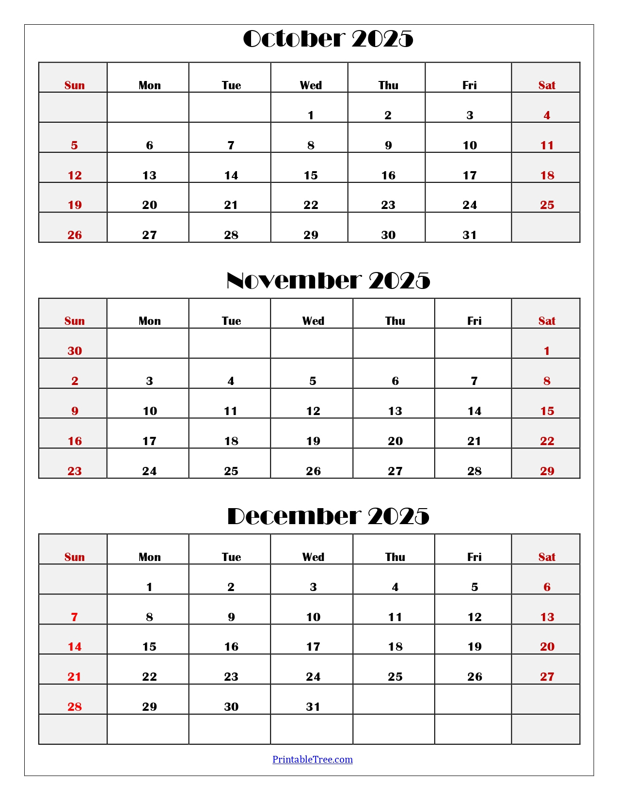 October To December 2025 Calendar Printable Pdf | Three Months throughout October November December 2025 Printable Calendar