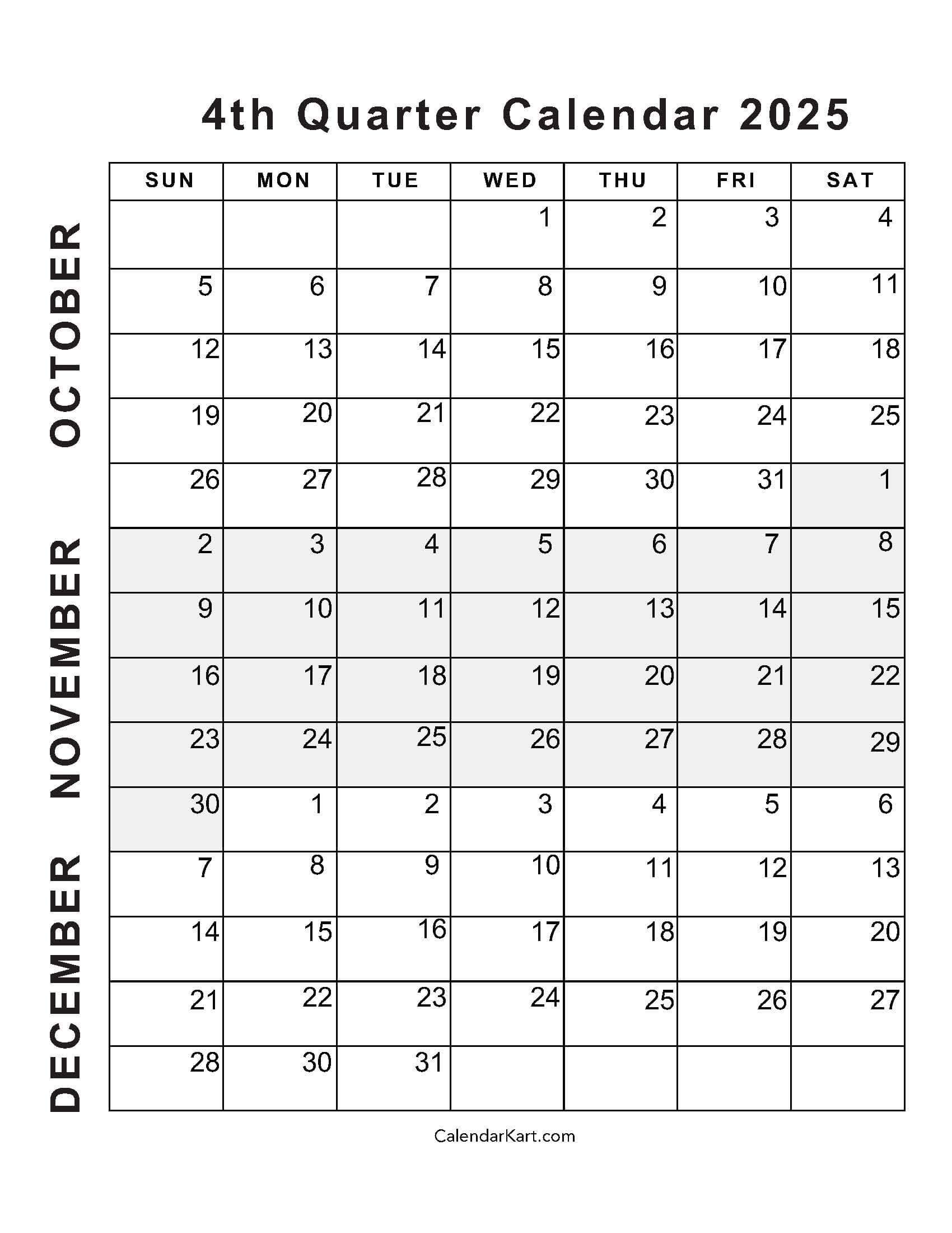 October To December 2025 Calendar (Q4) - Calendarkart in October November December Calendar 2025 Printable