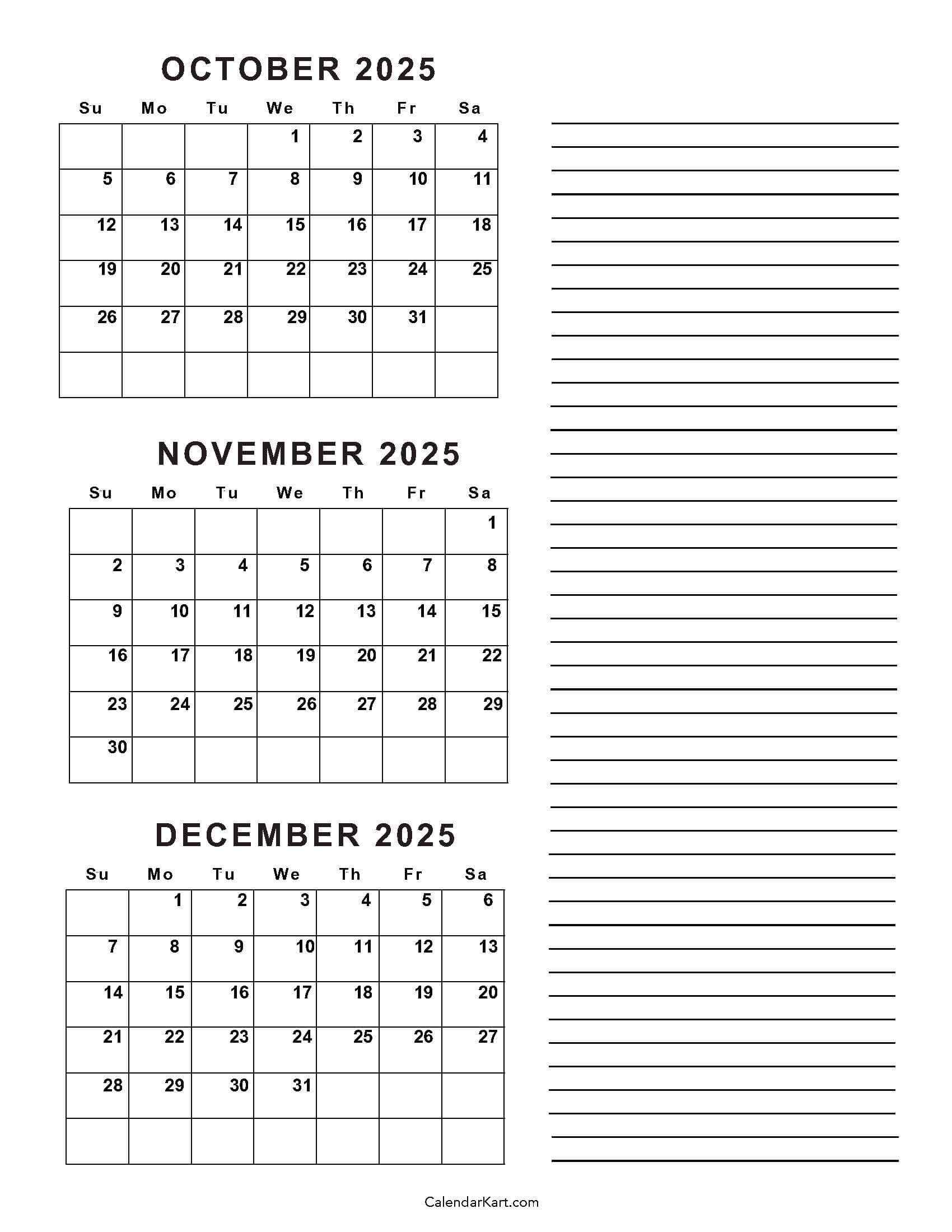 October To December 2025 Calendar (Q4) - Calendarkart in Printable Calendar 2025 October November December