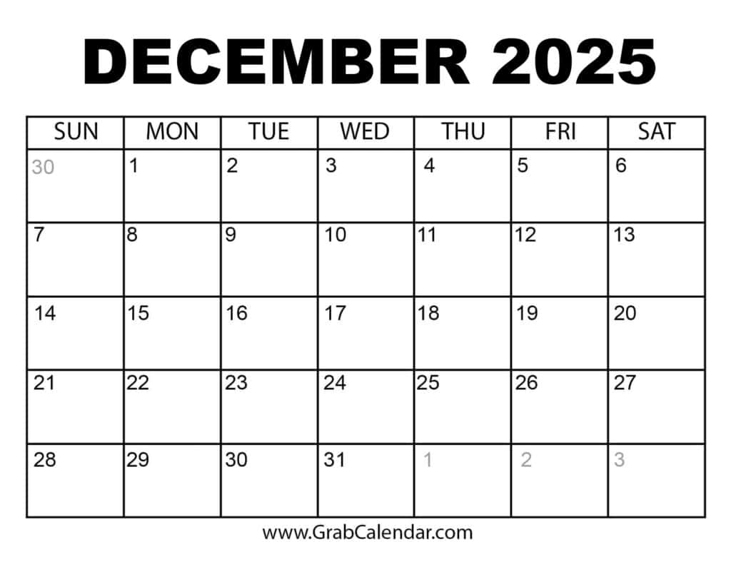 Printable December 2025 Calendar throughout December 2025 Calendar Printable