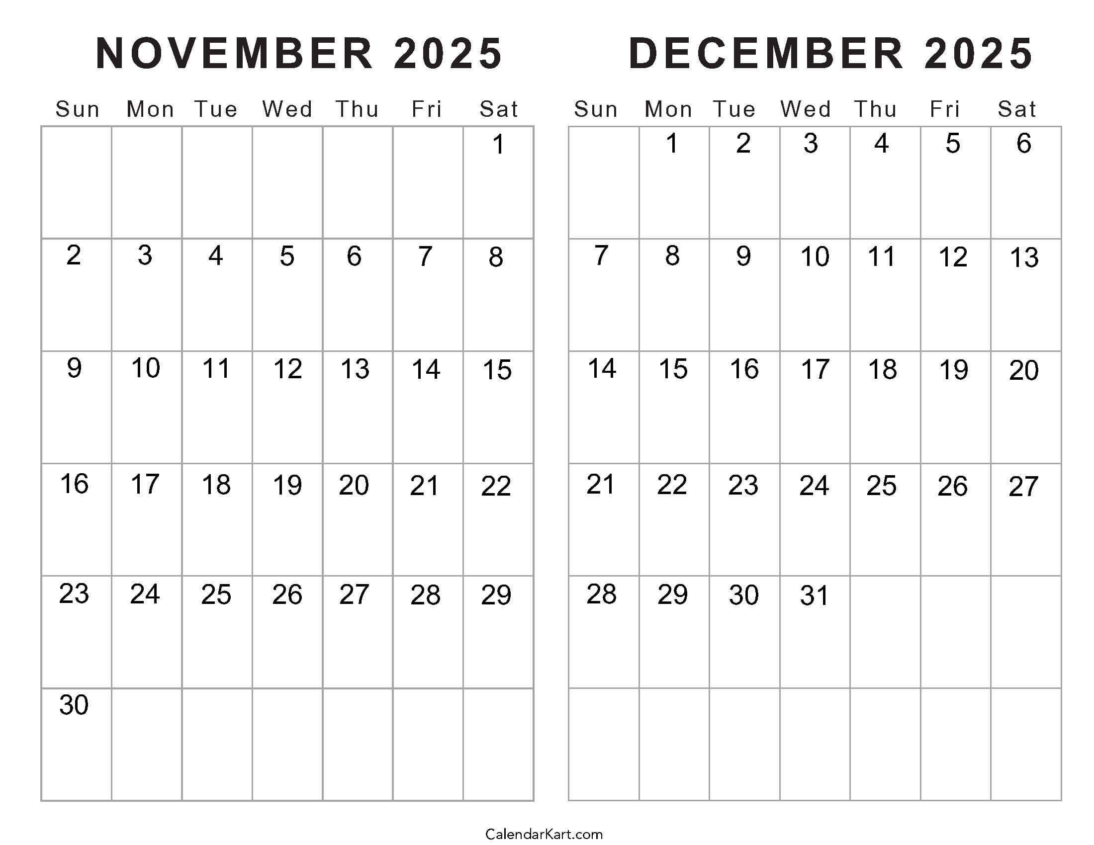 Printable November December 2025 Calendars | Calendarkart for Printable Calendar For November And December 2025