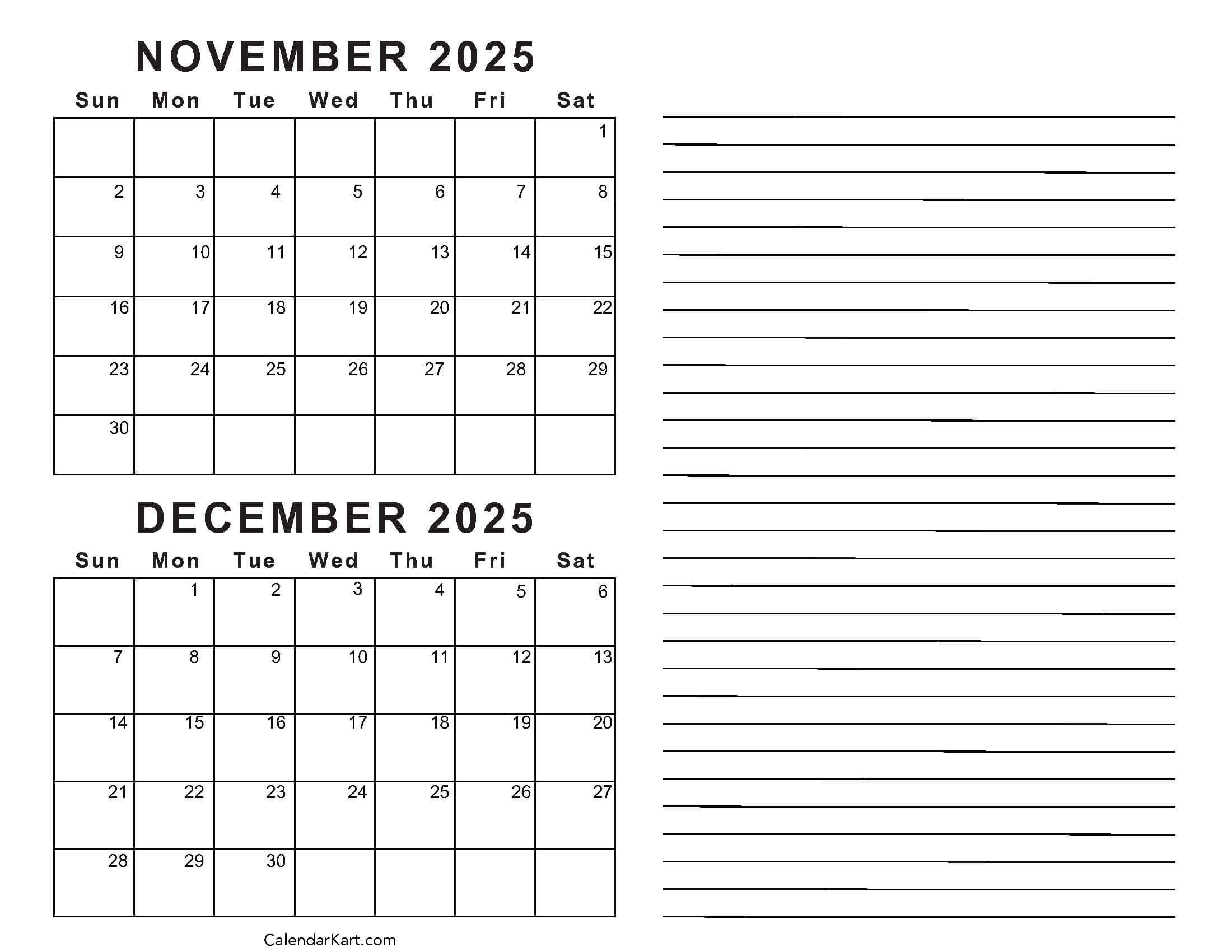 Printable November December 2025 Calendars | Calendarkart in Printable Calendar For November And December 2025