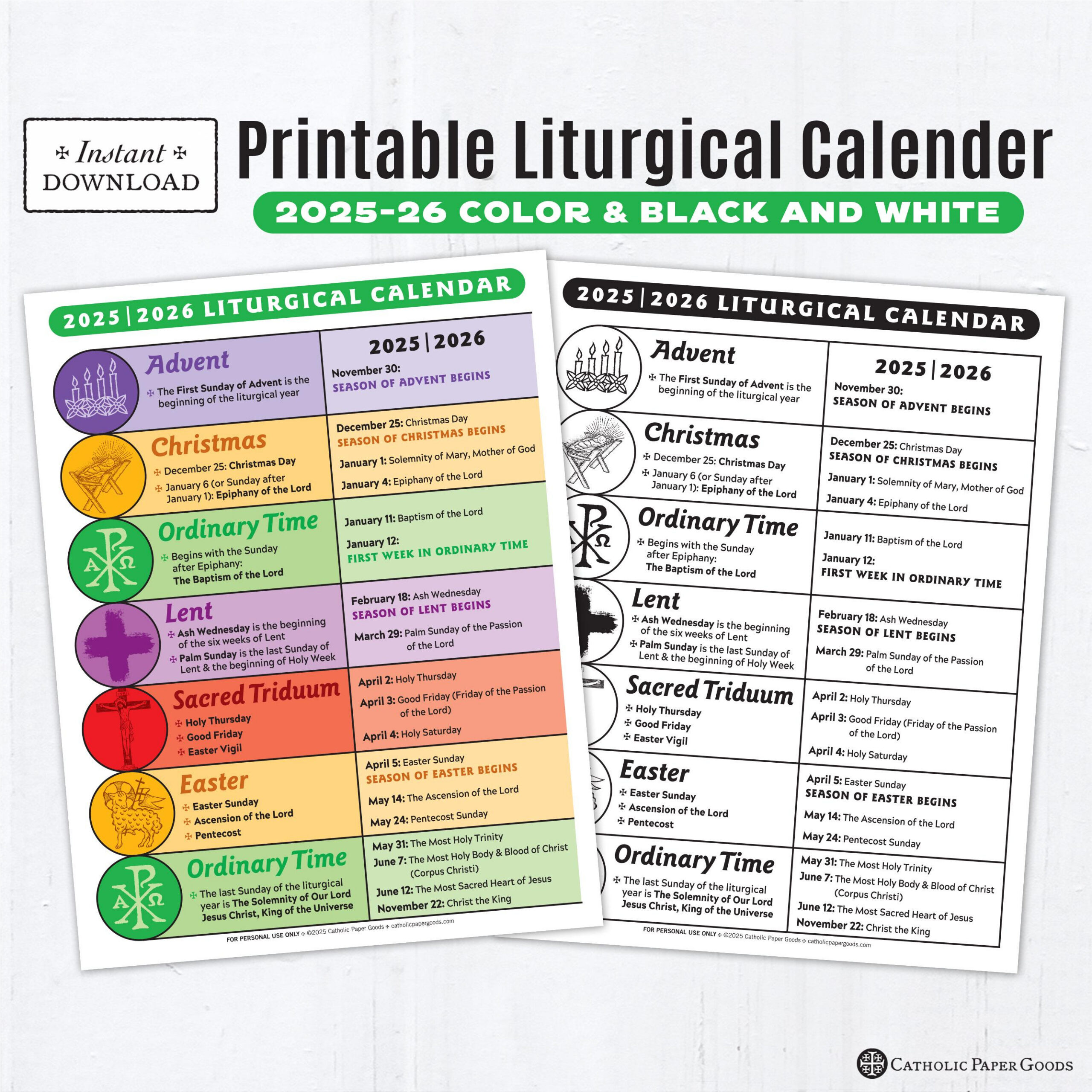 2025-26 Catholic Liturgical Calendar: Color &amp;amp; Bw Printable (Pdf in Nz Catholic Liturgical Calendar 2026