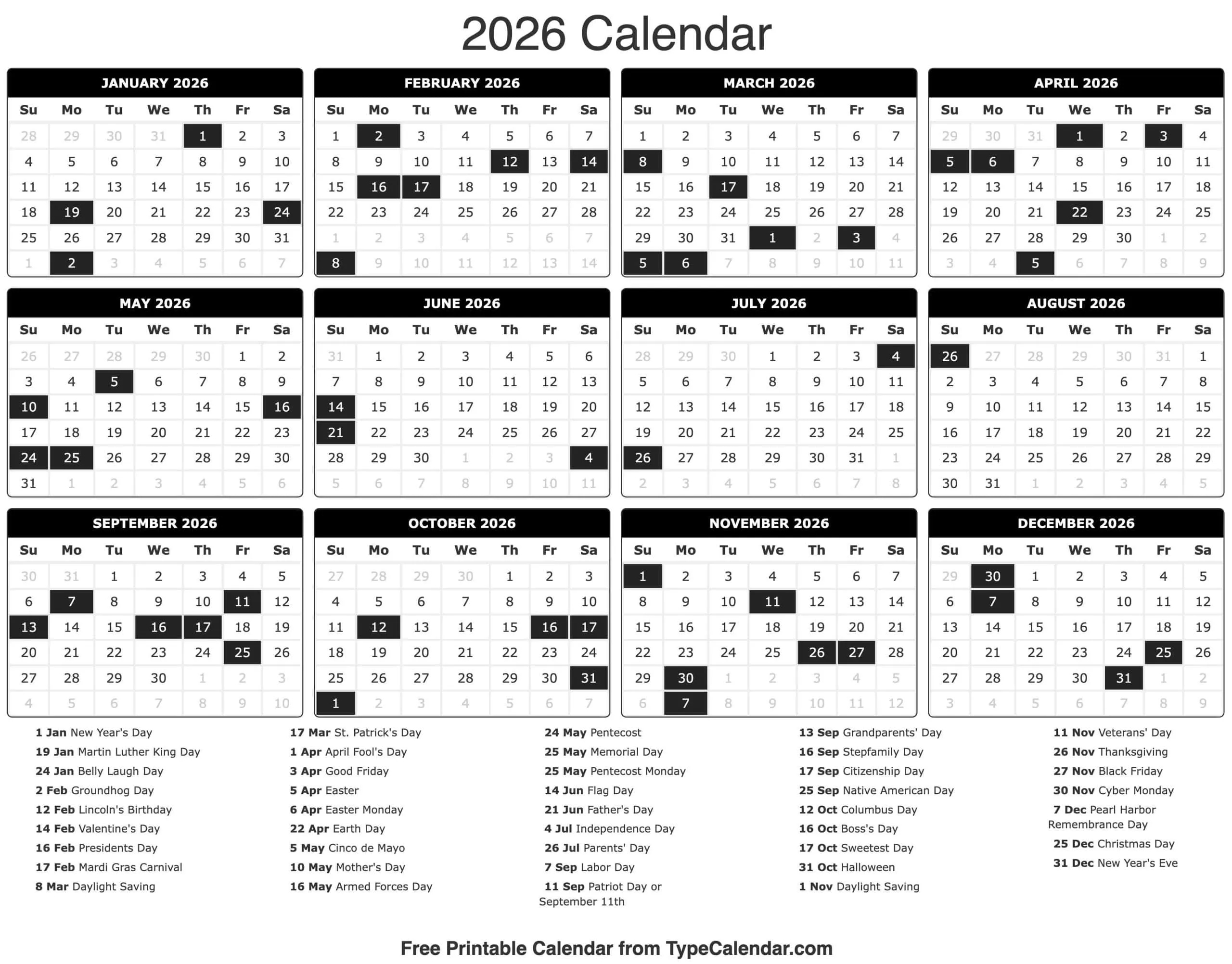 2026 Calendar - Free Printable Calendar With Holidays pertaining to Yearly Event Calendar 2026