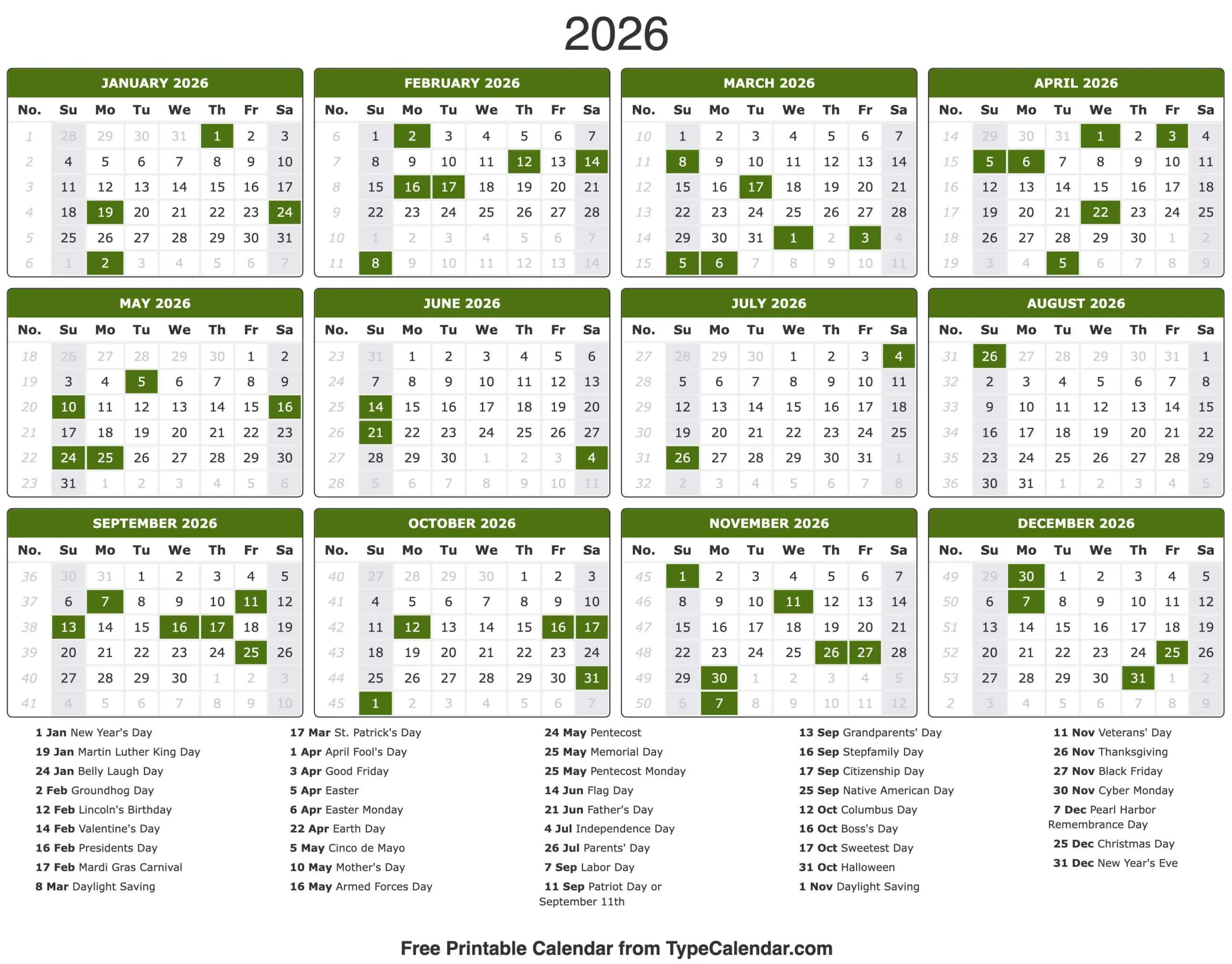 2026 Calendar - Free Printable Calendar With Holidays with regard to 2026 Julian Calendar With Holidays