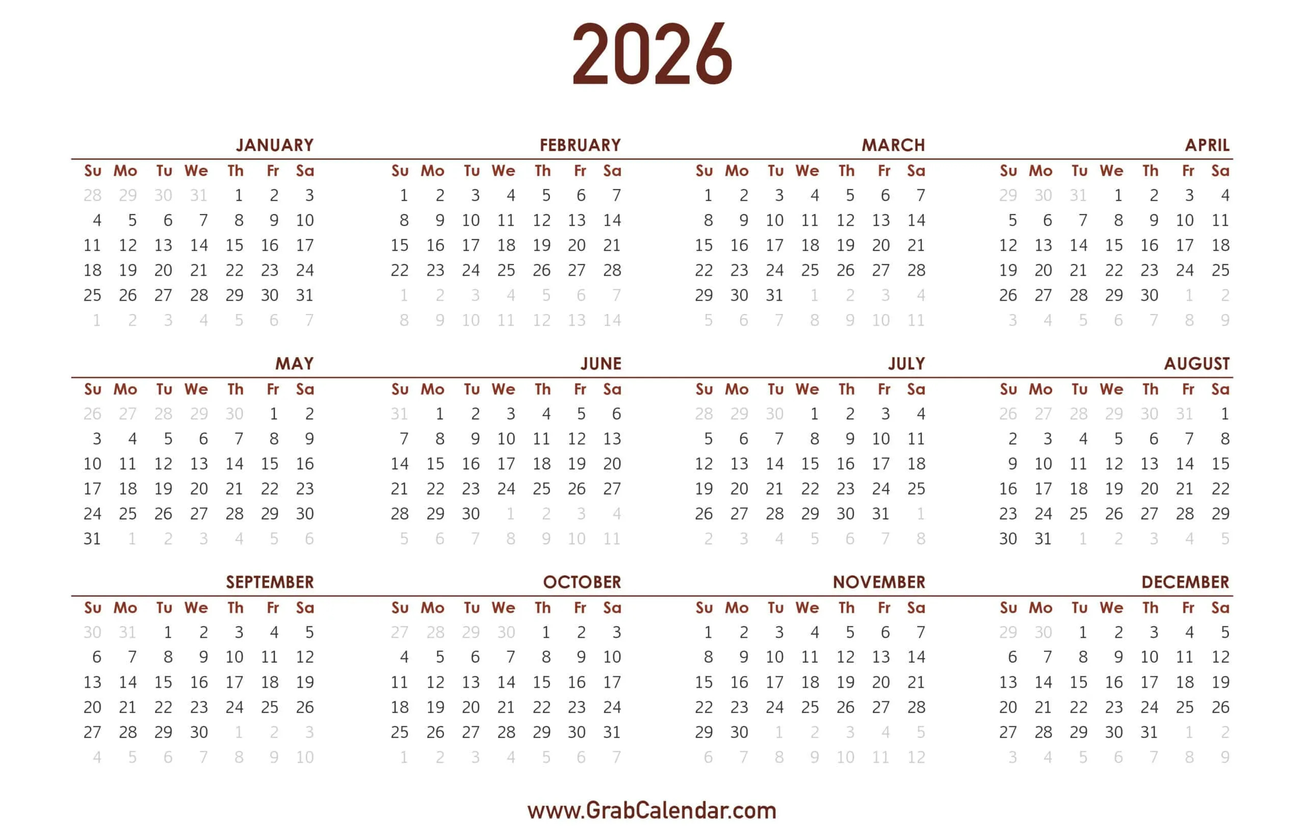 2026 Calendar - Grab Calendar for I Need a 2026 Calendar