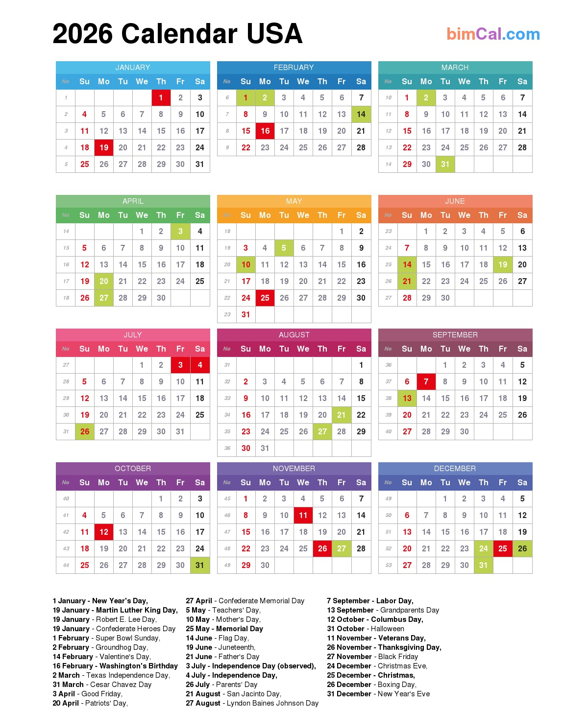 2026 Calendar Usa - Bimcal with Calendar For Year 2026 (United States)