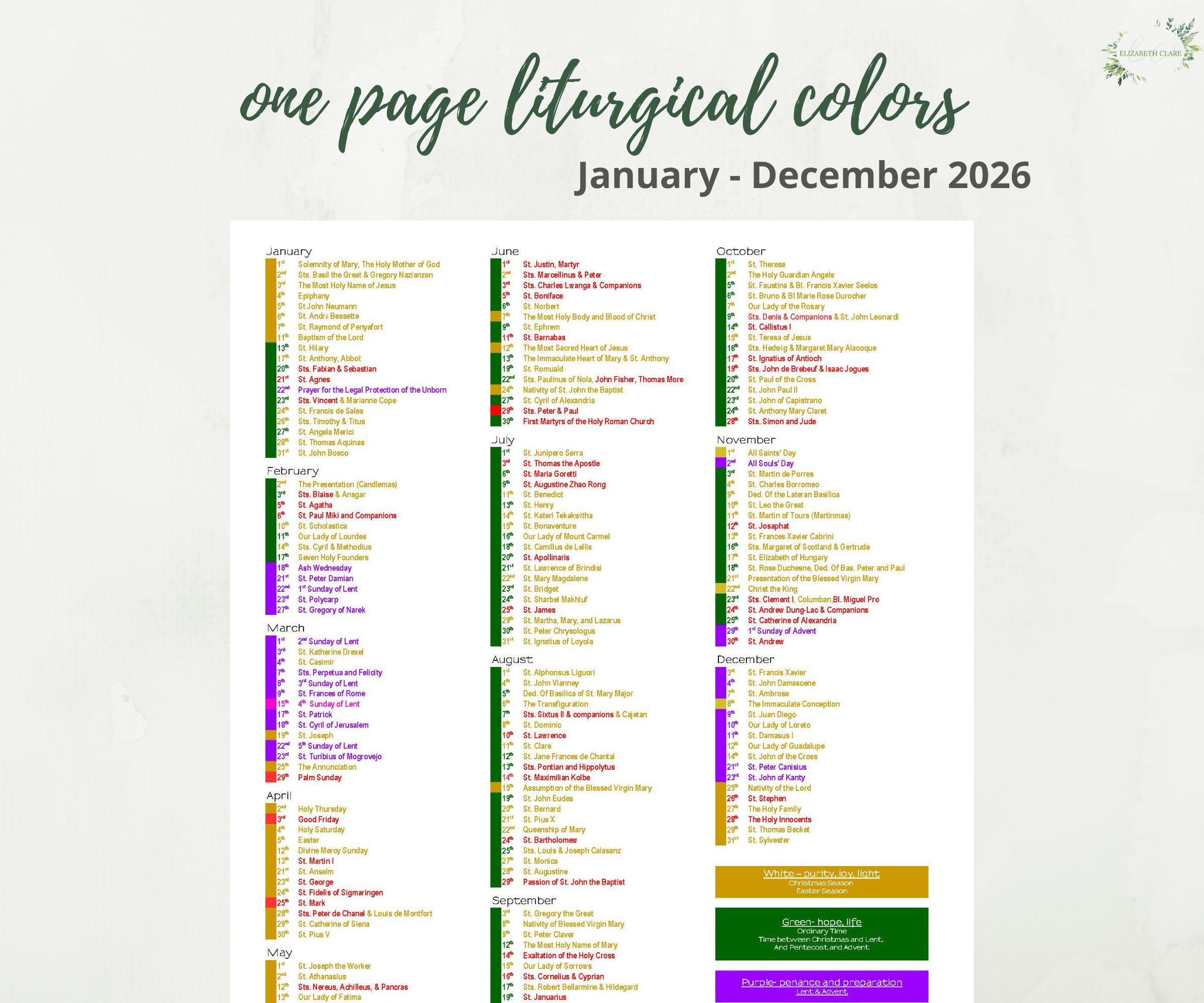 2026 Catholic Liturgical Year Calendar At A Glance: Liturgical in Pcusa Liturgical Calendar 2026
