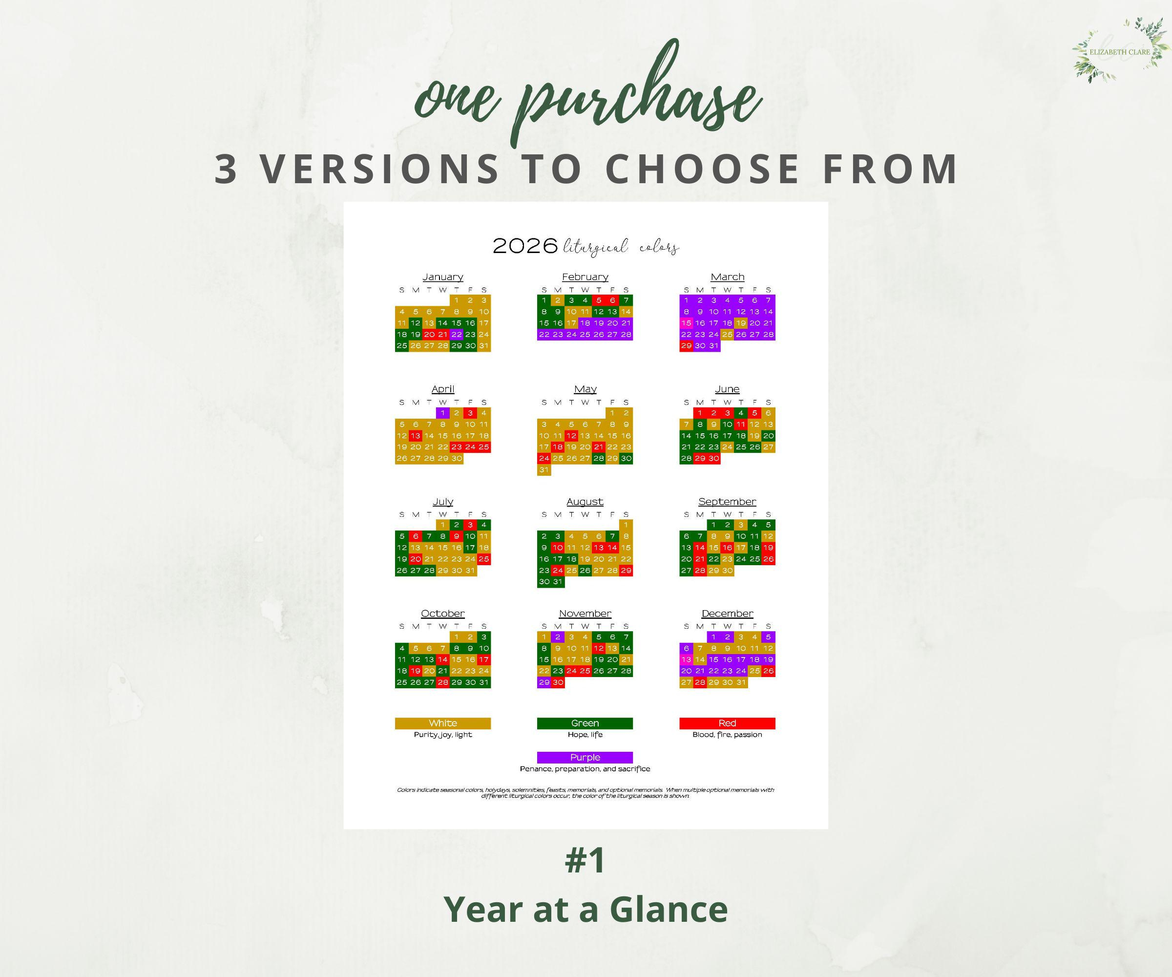 2026 Catholic Liturgical Year Calendar At A Glance: Liturgical with Pcusa Liturgical Calendar 2026
