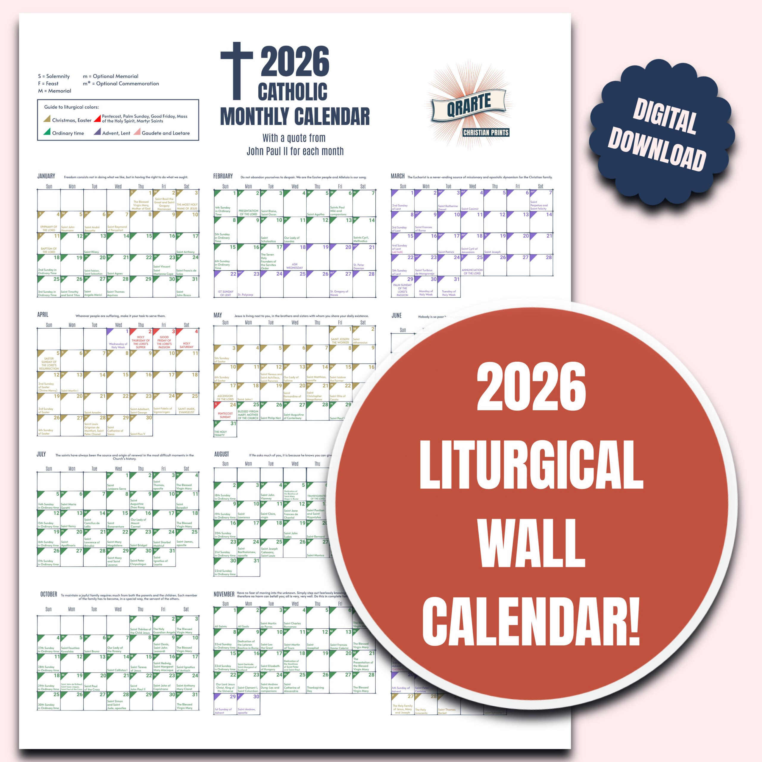2026 Color-Coded Liturgical Calendar - Instant Download Catholic within Liturgical Calendar 2026 Australia