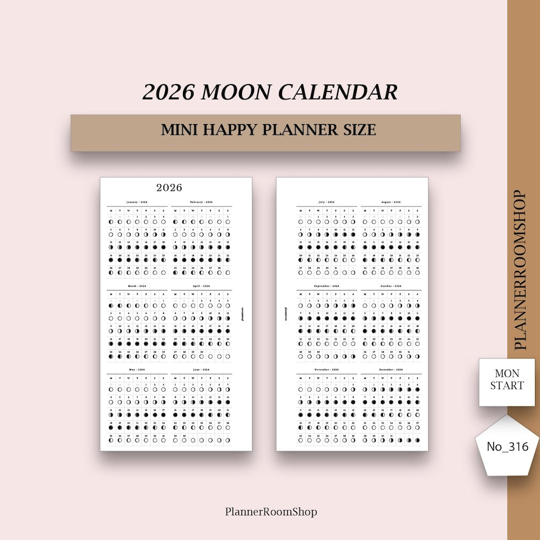 2026 Dated Moon Calendar, Printable Inserts, Moon Phase Calendar with Full Moon Calendar 2026 Australia