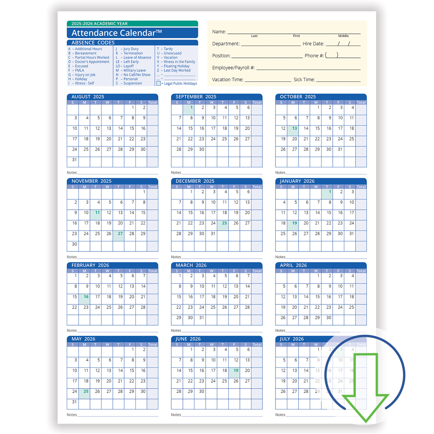 2026 Downloadable Academic Year Employee Attendance Calendar throughout Free 2026 Employee Attendance Calendar
