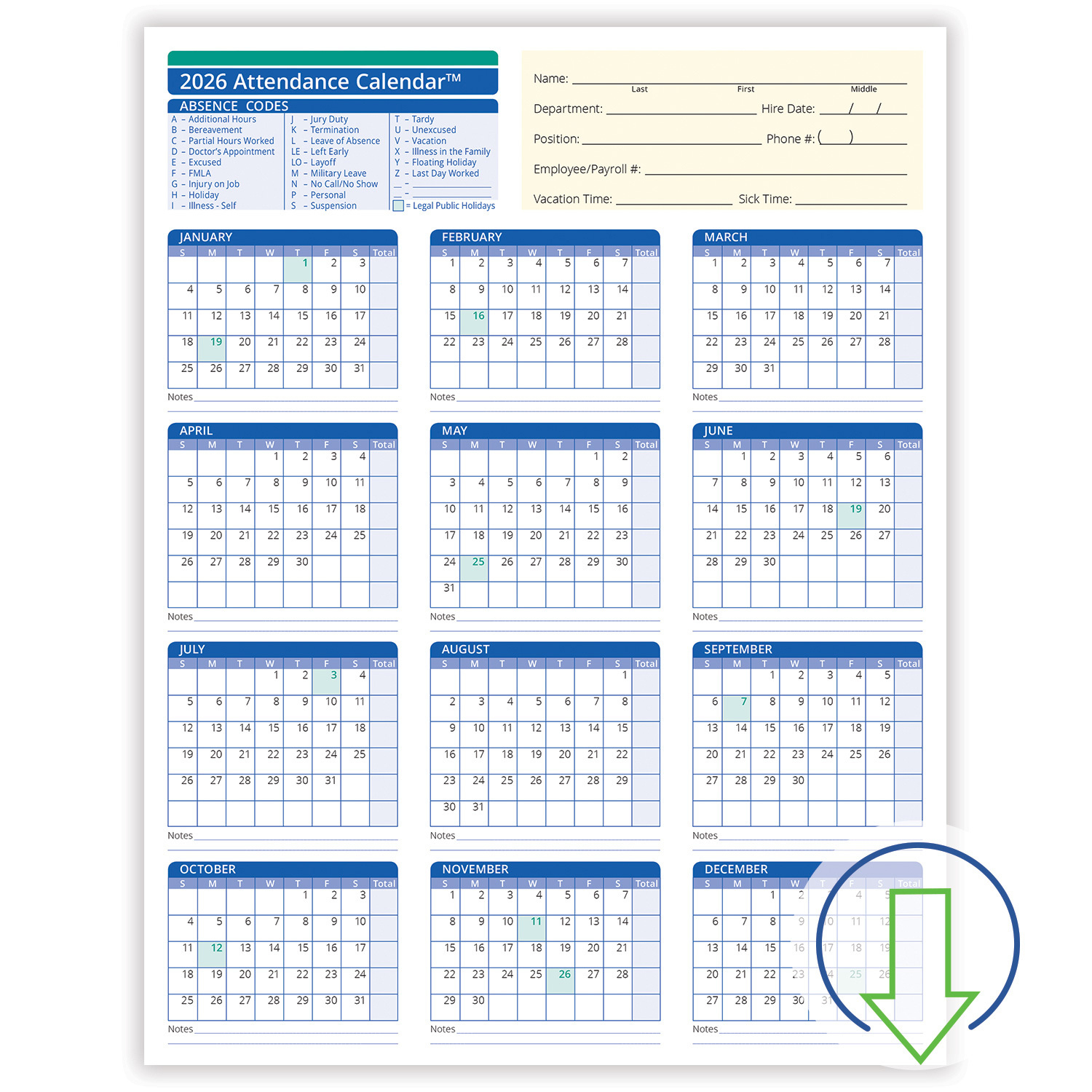 2026 Downloadable Employee Attendance Calendar | Hrdirect intended for Employee Attendance Calendar 2026 Template Free