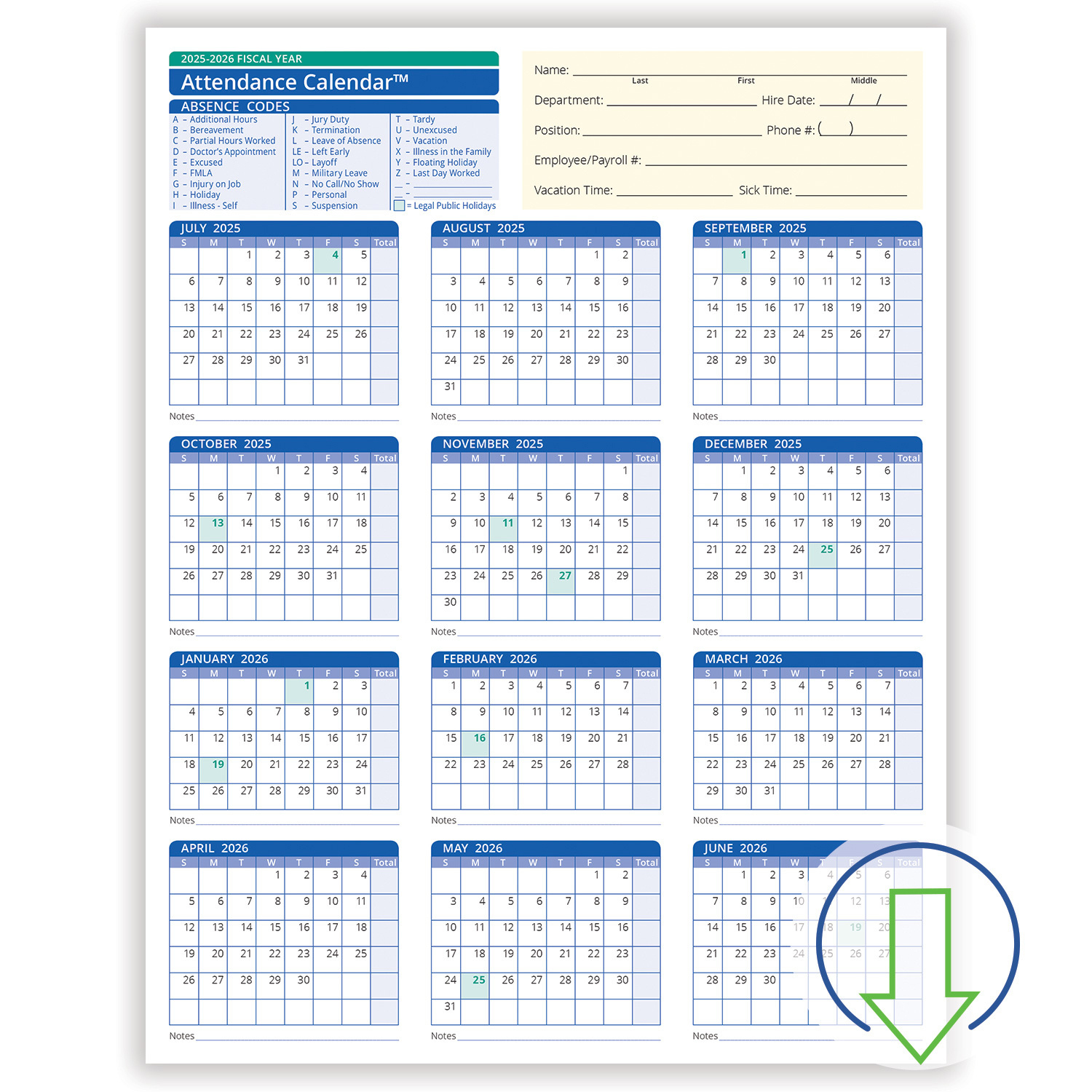 2026 Downloadable Fiscal Year Employee Attendance Calendar | Hrdirect pertaining to 2026 Attendance Calendar Printable