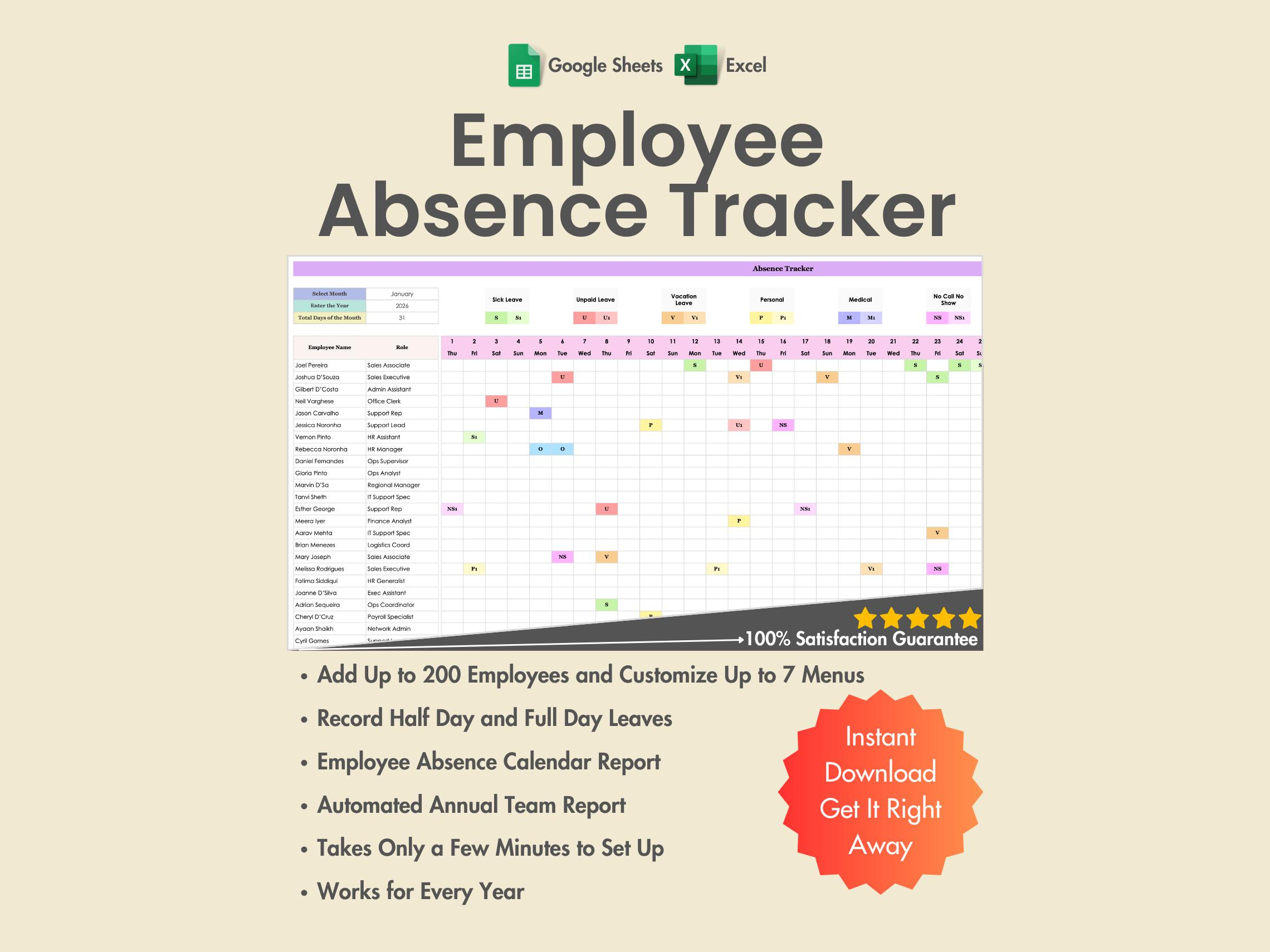 2026 Employee Absence Tracker, Excel, Google Sheets, Pto Planner for Attendance Controller 2026 Printable