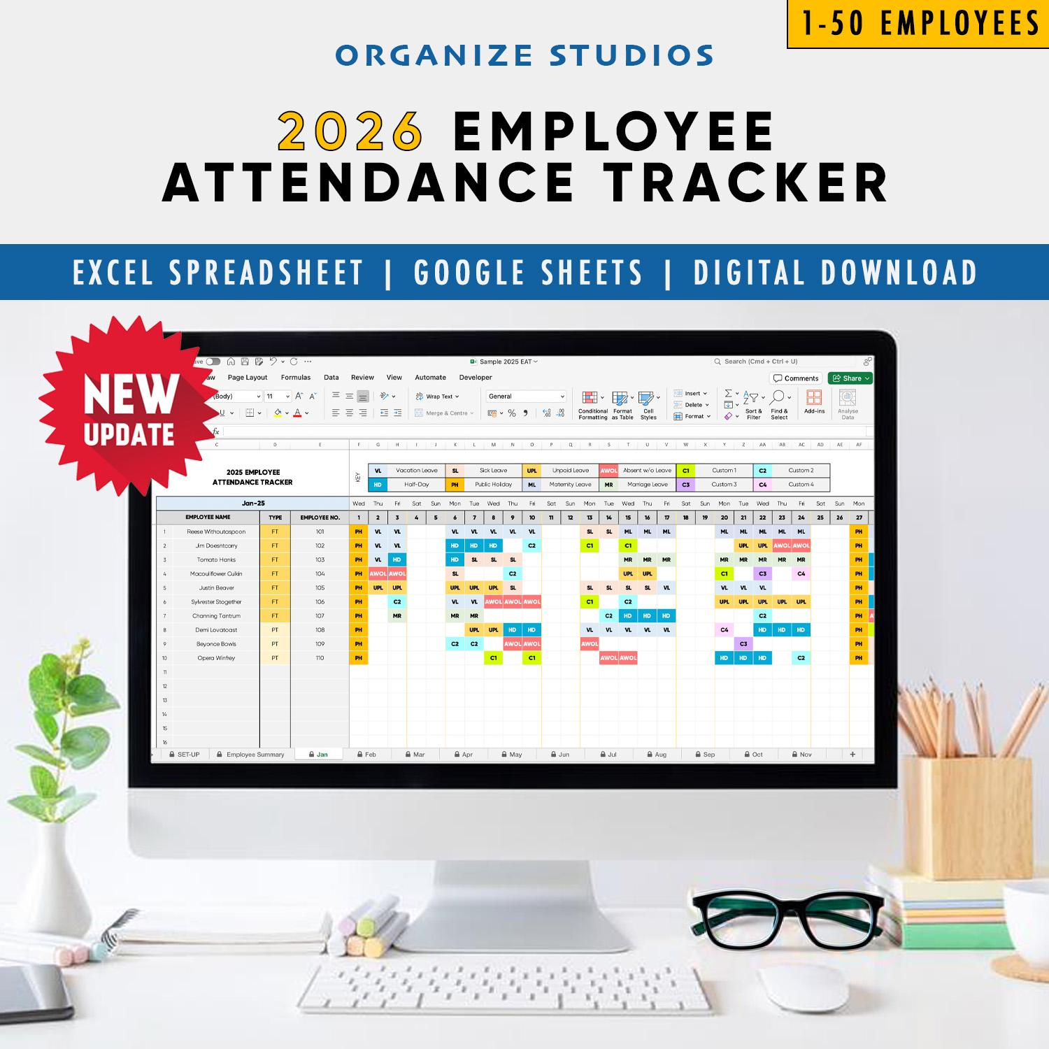 2026 Employee Attendance Tracker: Excel &amp;amp; Google Sheets intended for Staff Attendance Sheet 2026