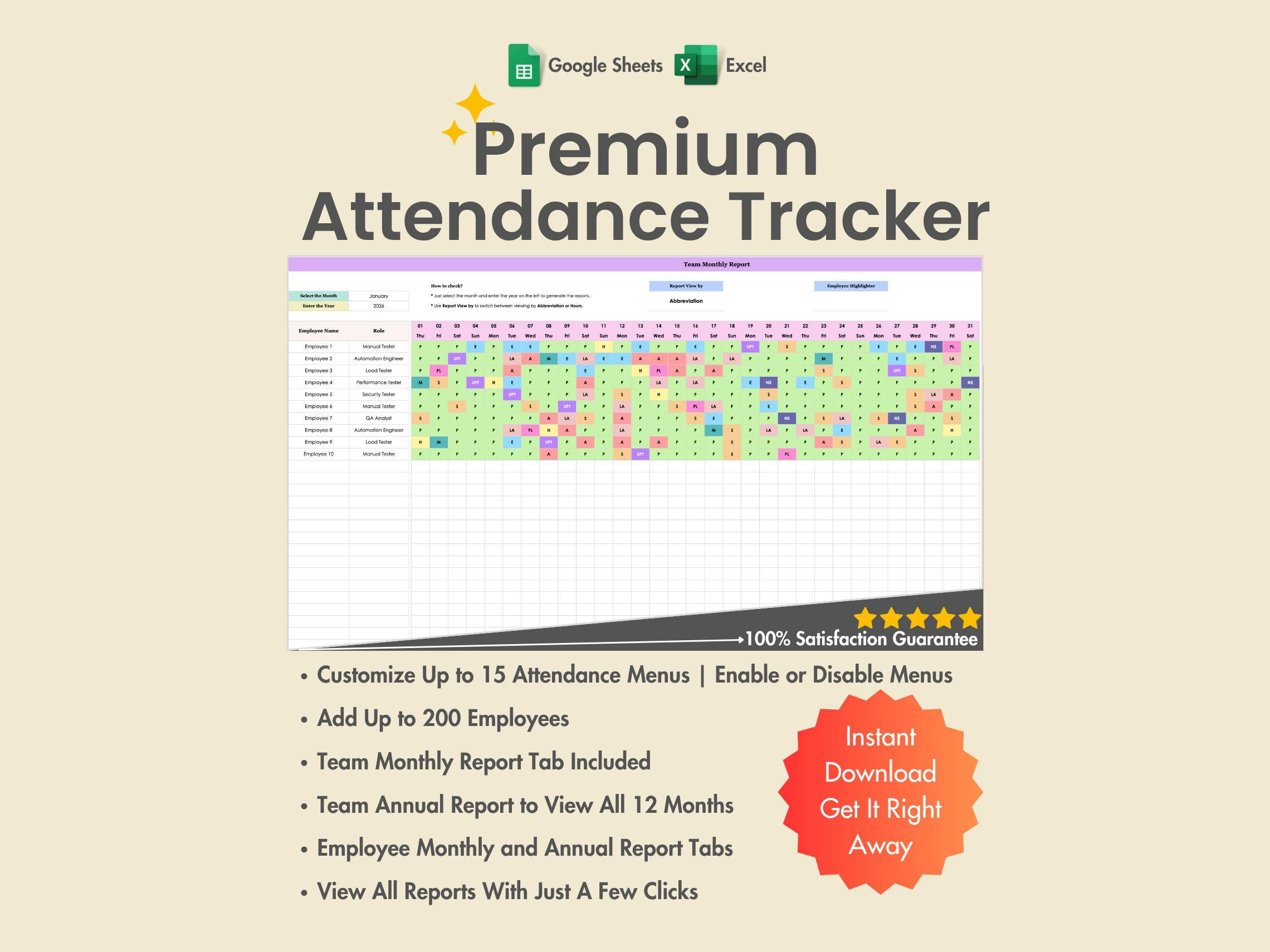 2026 Employee Attendance Tracker, Excel, Google Sheets, Pto, Sick with regard to Attendance Sheet January 2026
