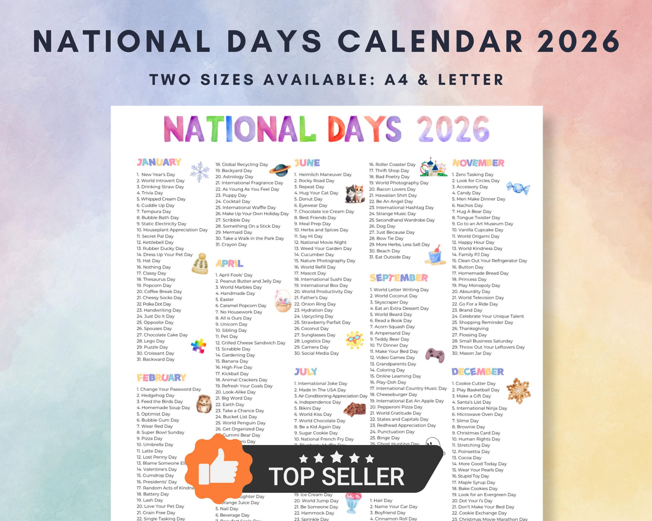 2026 National Days Calendar Printable (A4 &amp;amp; Letter Pdf) - Etsy Israel in National Day Calendar 2026 Printable Free