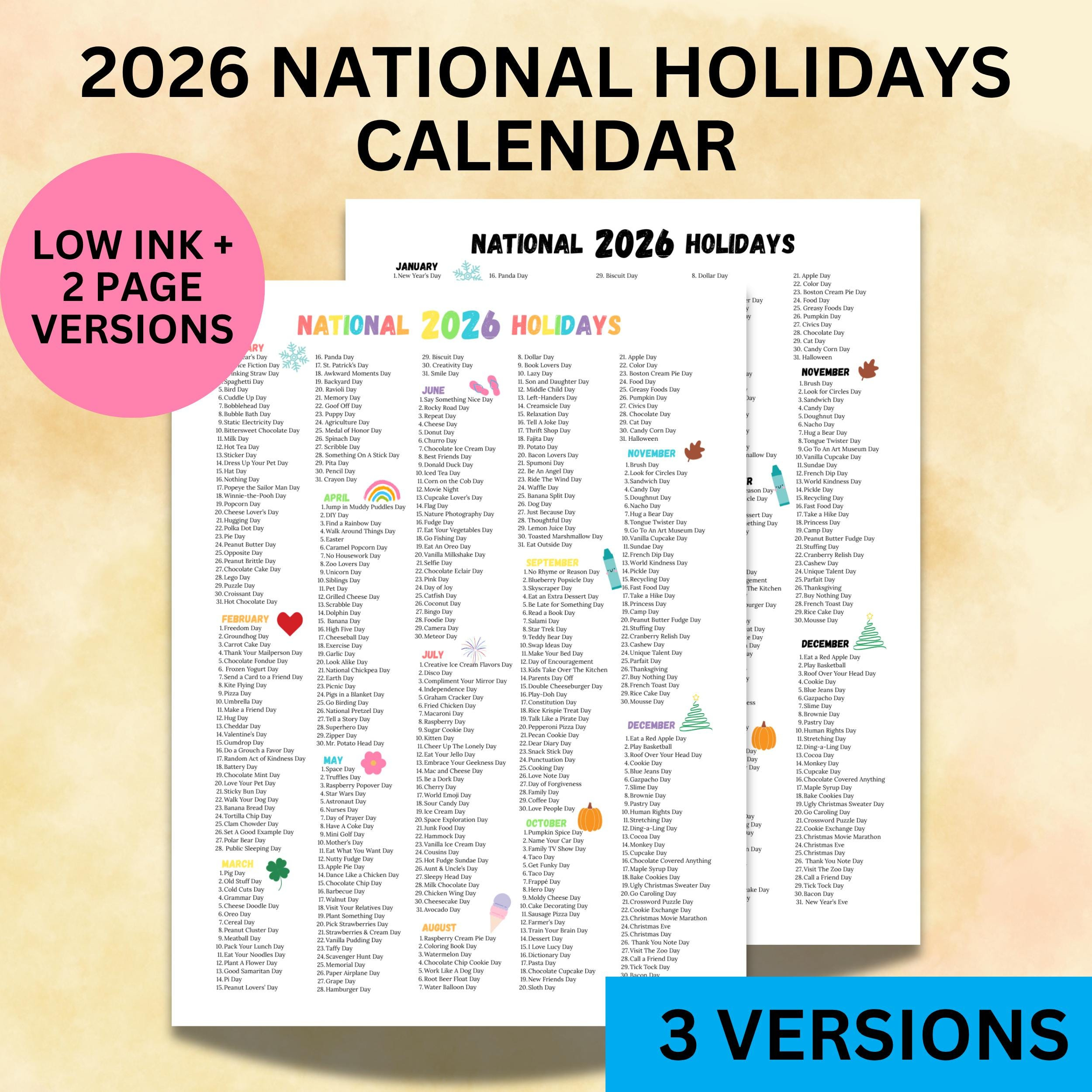 2026 National Holidays Calendar Printable, Funny Holiday List, Wacky  Holidays To Celebrate, National Days 2026 Homeschool Print, Teacher Day with regard to National Day Calendar 2026