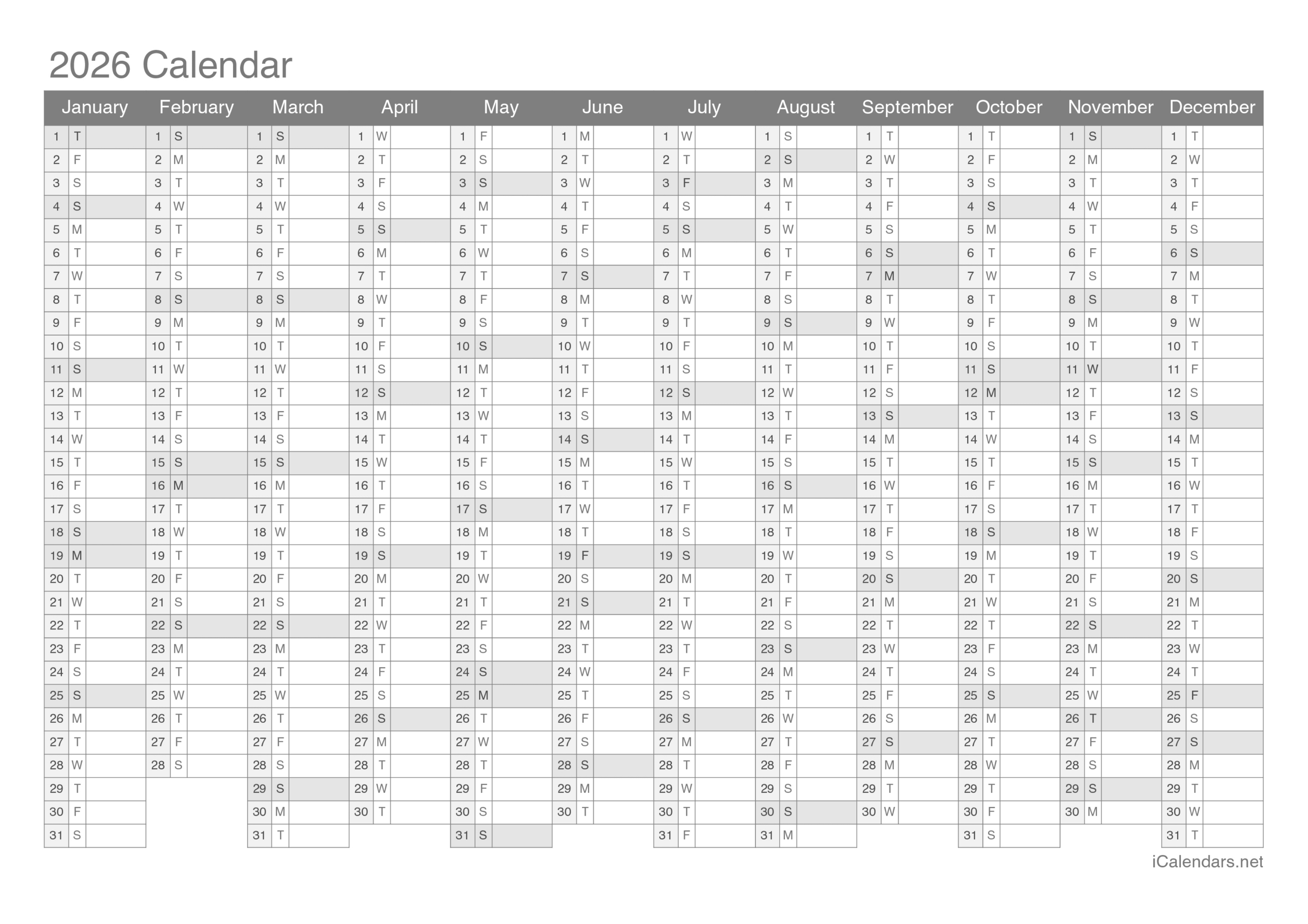 2026 Printable Calendar - Pdf Or Excel in Yearly Calendar 2026 Printable