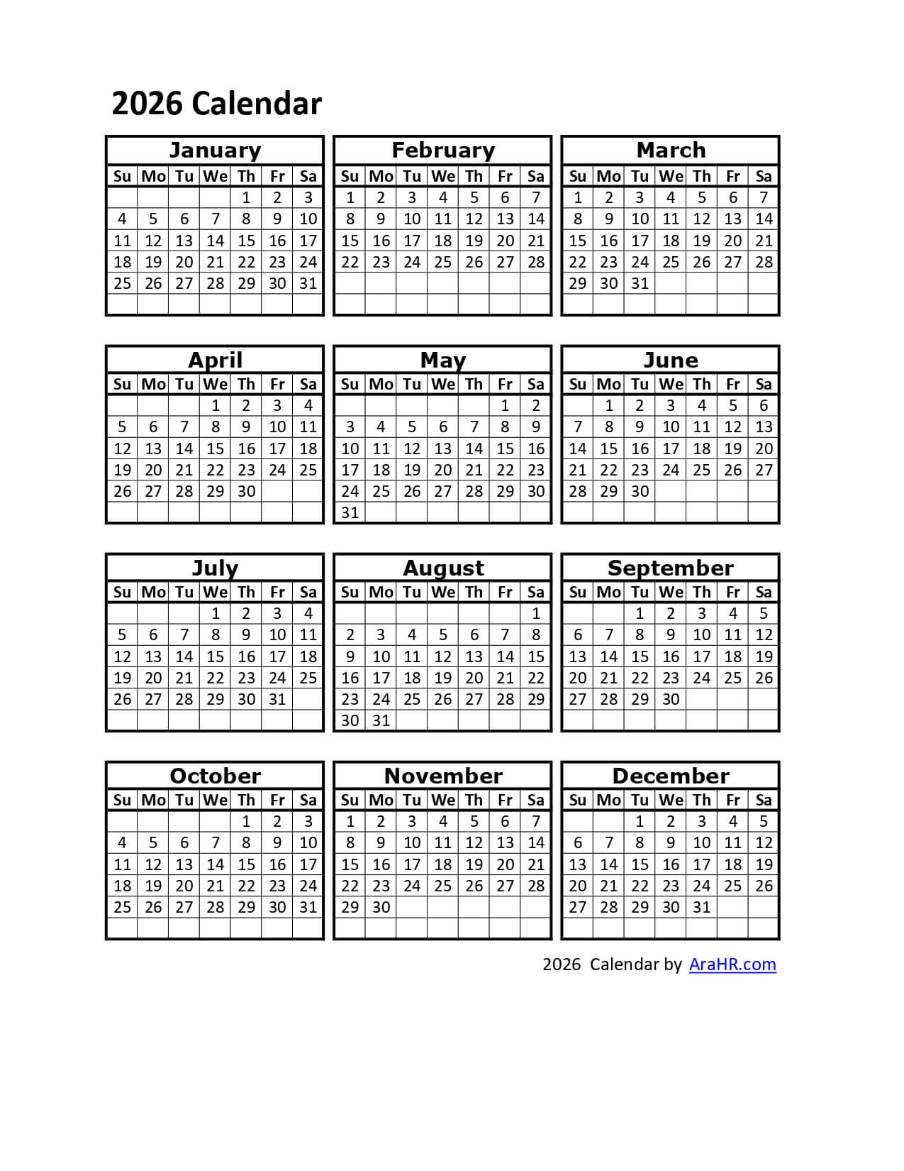 2026 Printable Calendar Template - Excel - Pdf - Image in 2026 Employee Attendance Calendar Printable Free