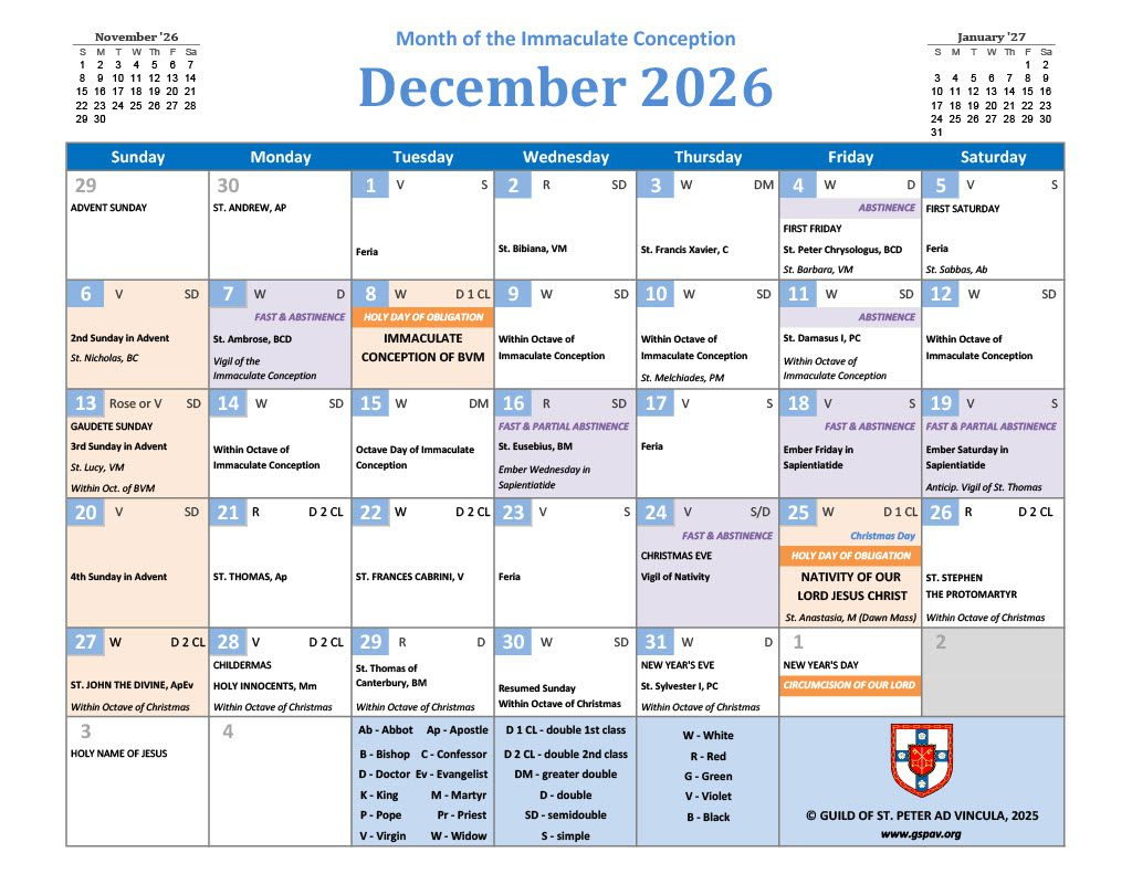 2026 Traditional Catholic Calendar - Guild Of St. Peter Ad Vincula in Catholic Calendar 2026 with Holidays
