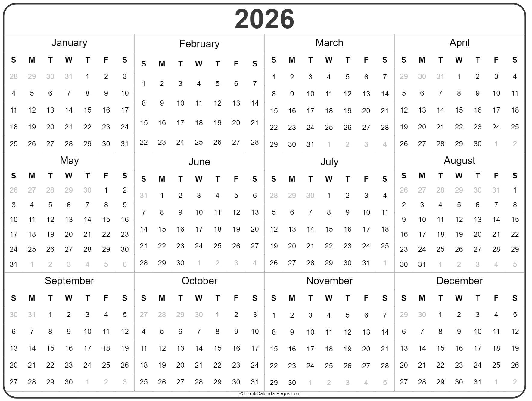 2026 Year Calendar | Yearly Printable with regard to Yearly Overview 2026 Calendar