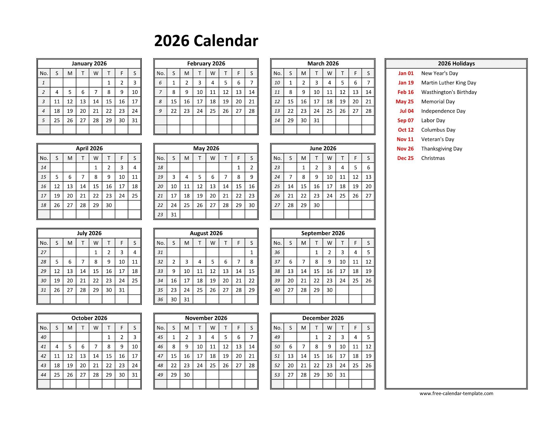 2026 Yearly Calendar Printable With Week Numbers | Free-Calendar throughout Printable Employee Attendance Calendar 2026