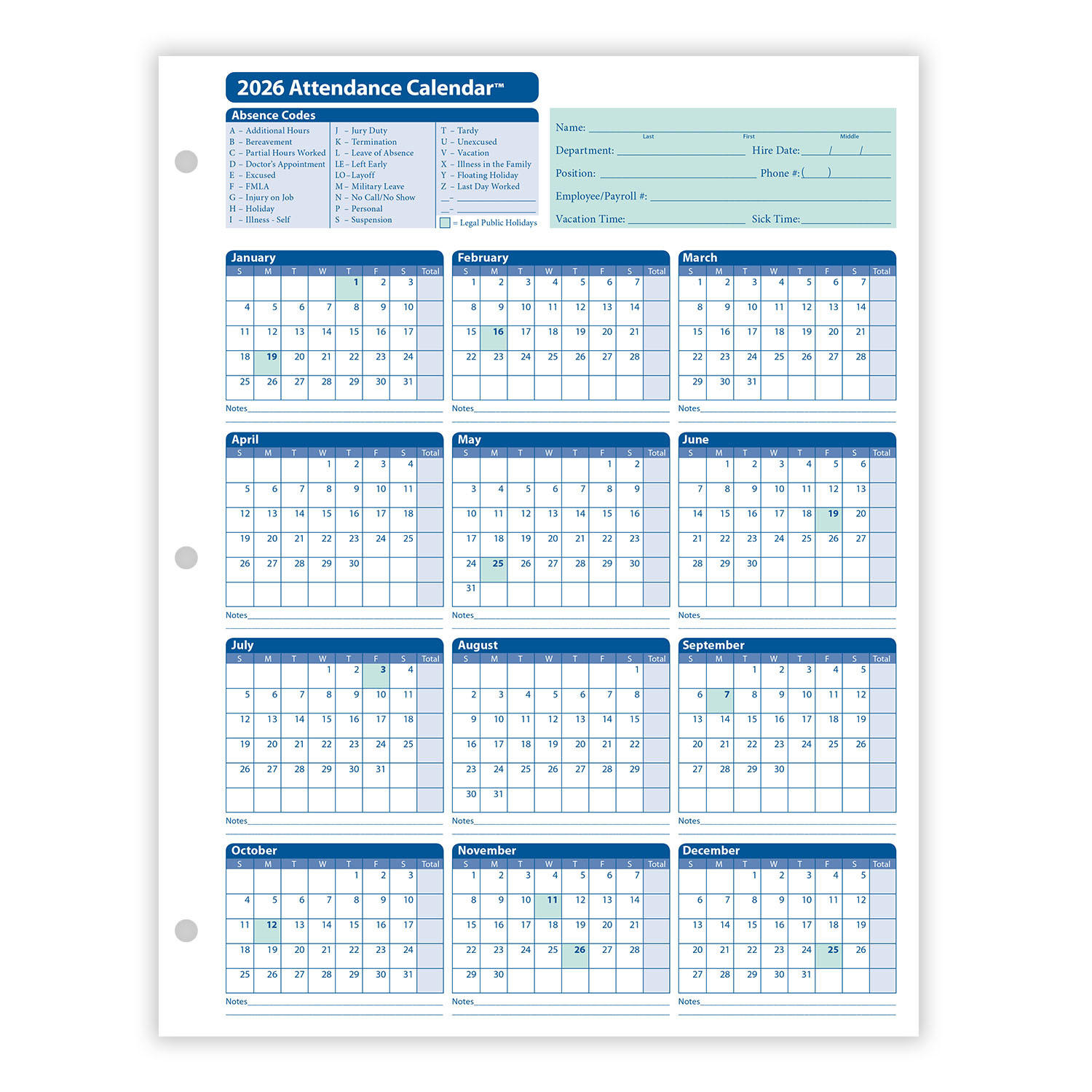 2026 Yearly Employee Attendance Calendar | Yearly Calendar | Hrdirect with Absence Calendar 2026