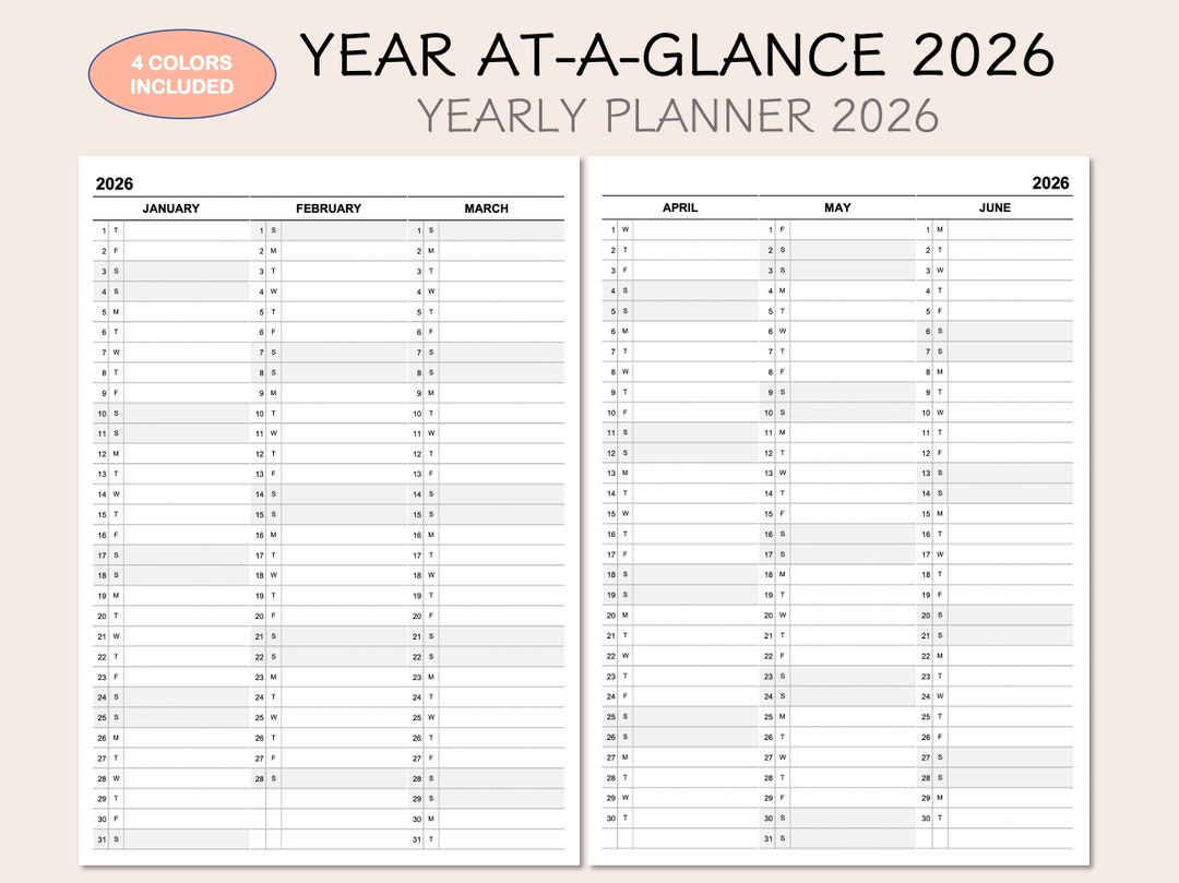 2026 Yearly Planner Calendar, Year At-A-Glance, 4 Colors for At a Glance Yearly Calendar 2026